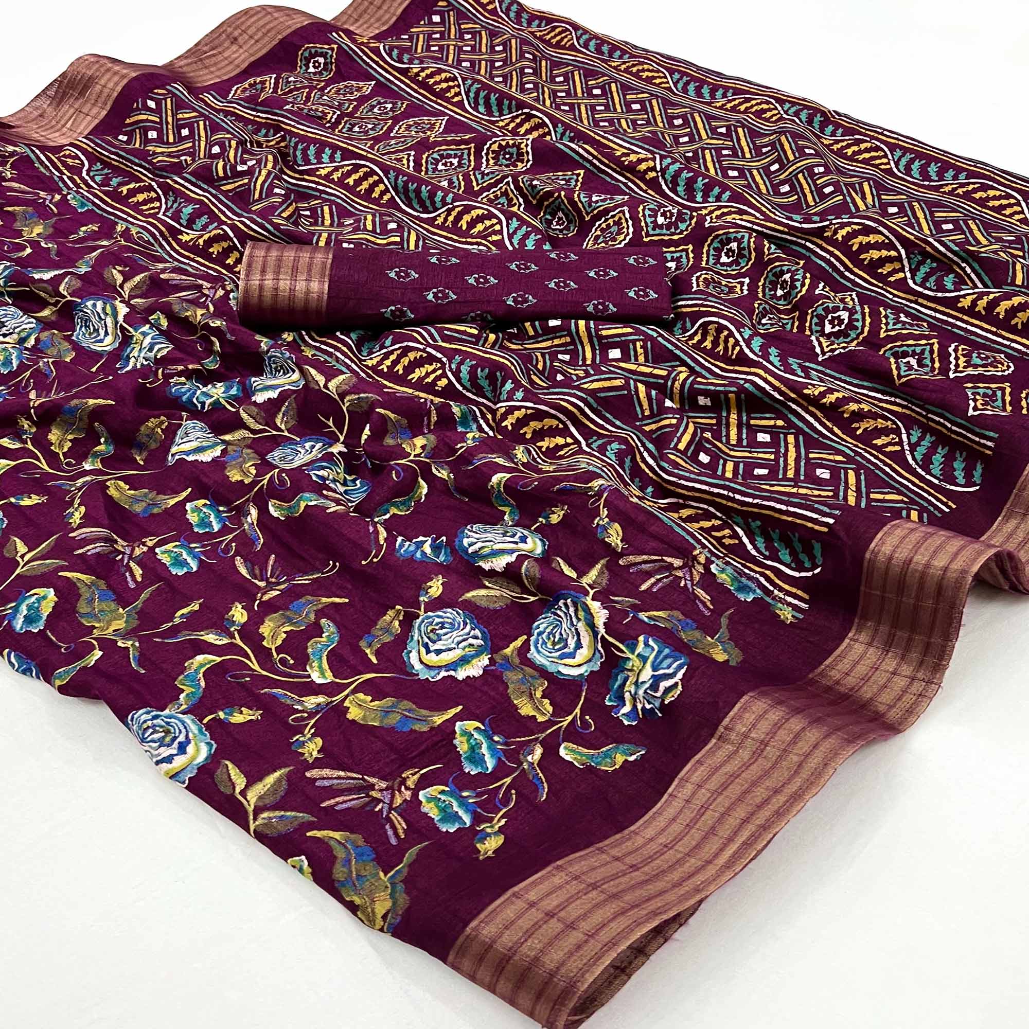 Wine Floral Printed Cotton Blend Saree