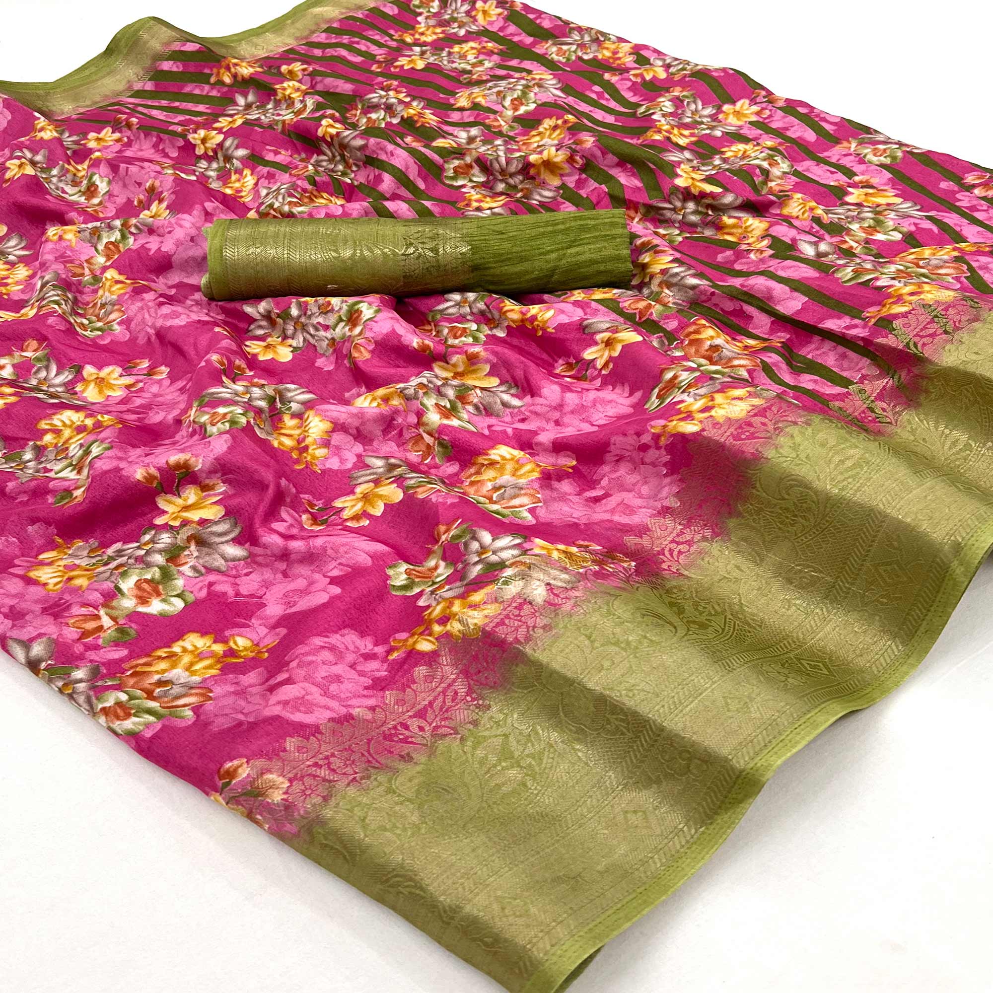 Pink Floral Printed With Woven Border Dola Silk Saree
