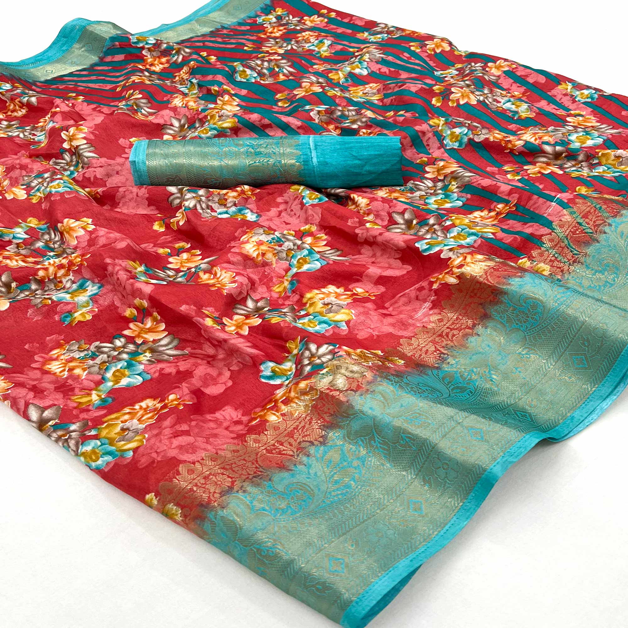 Red Floral Printed With Woven Border Dola Silk Saree