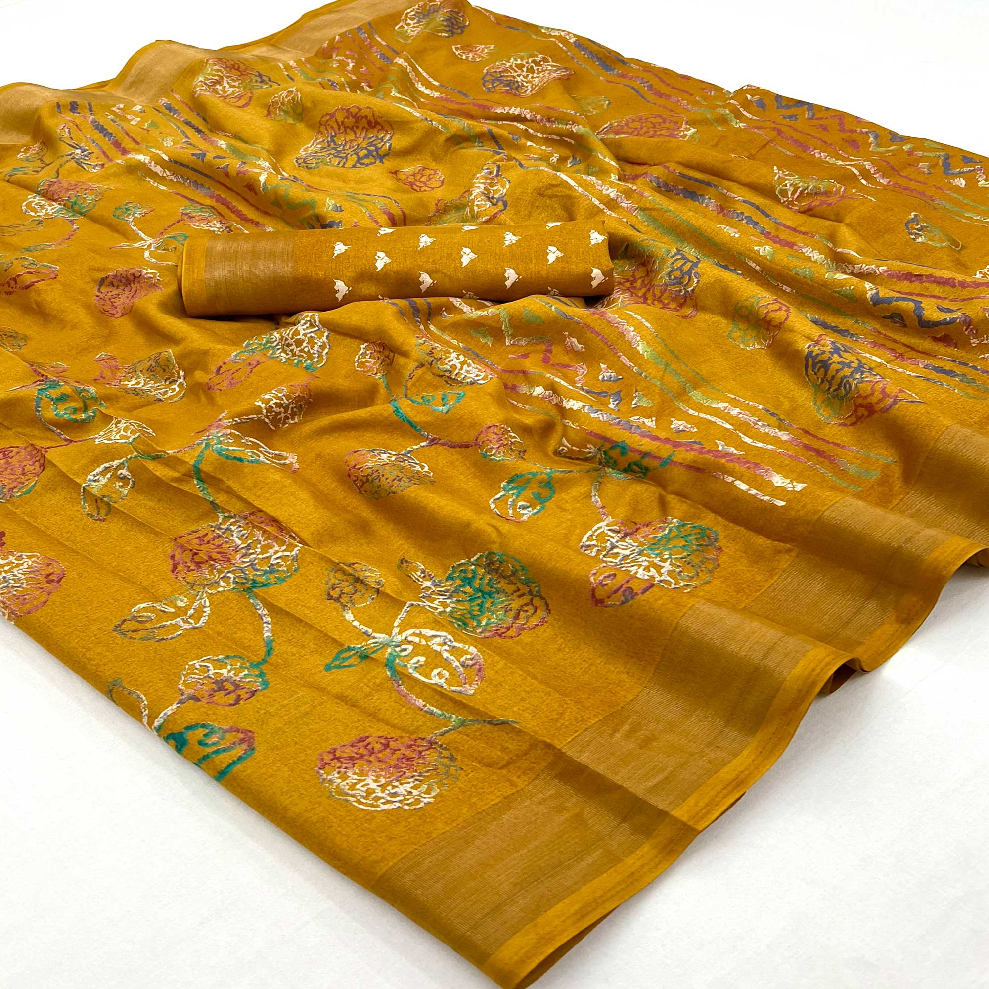Mustard Floral Printed Dola Silk Saree