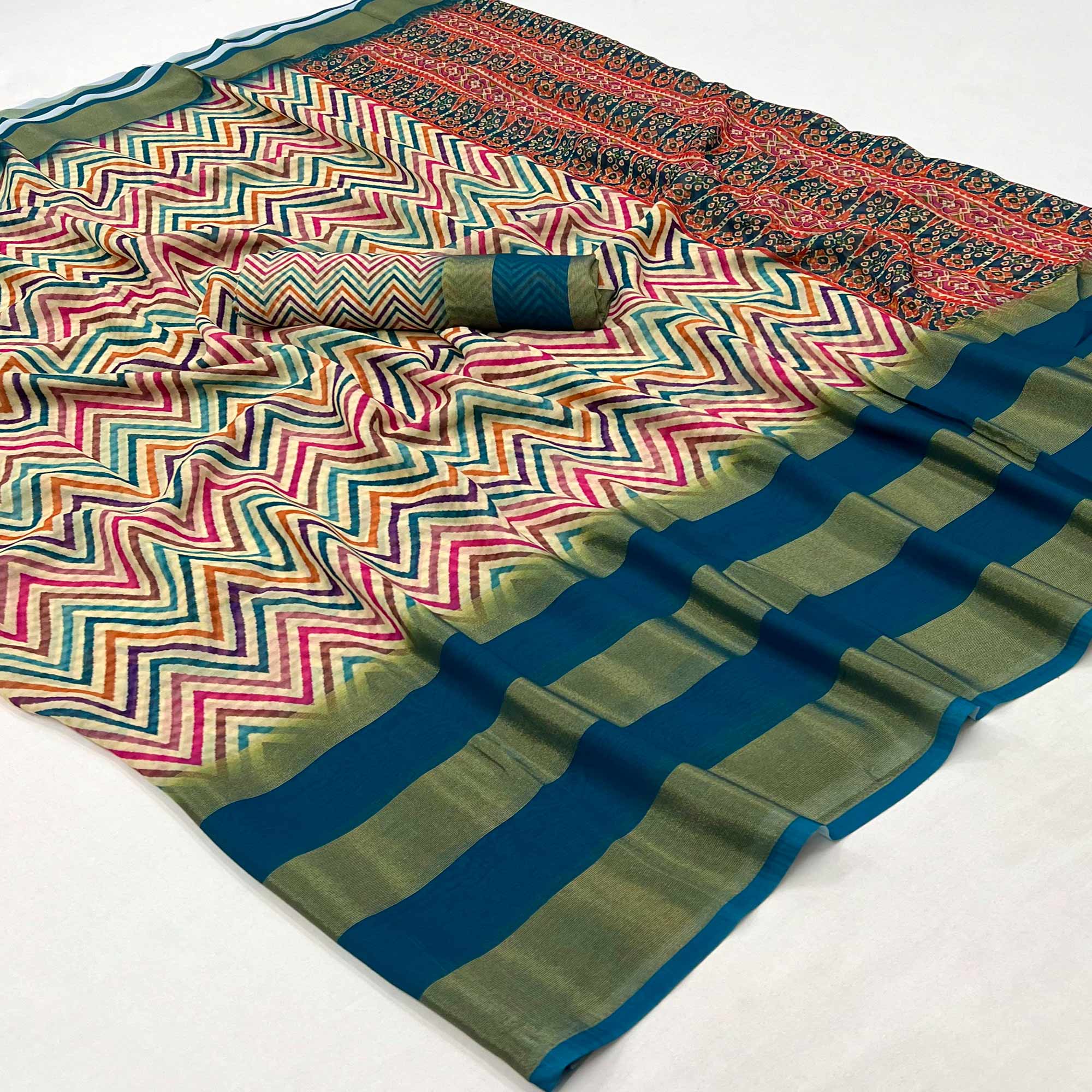 Teal Blue Geometric Digital Printed Georgette Saree