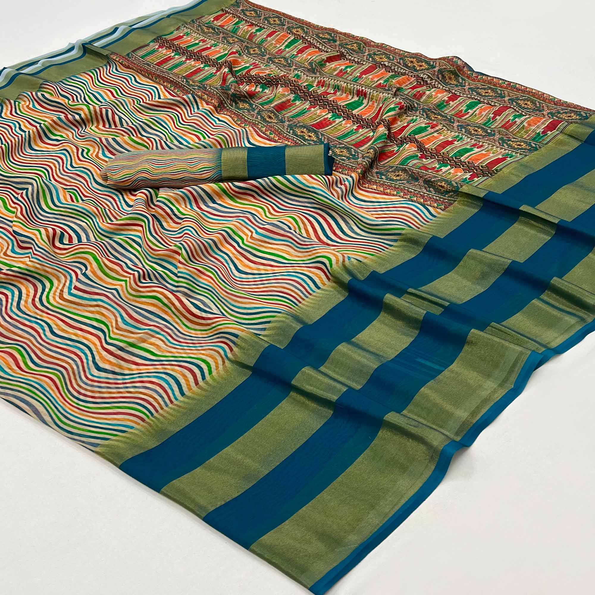 Teal Blue Striped Digital Printed Georgette Saree
