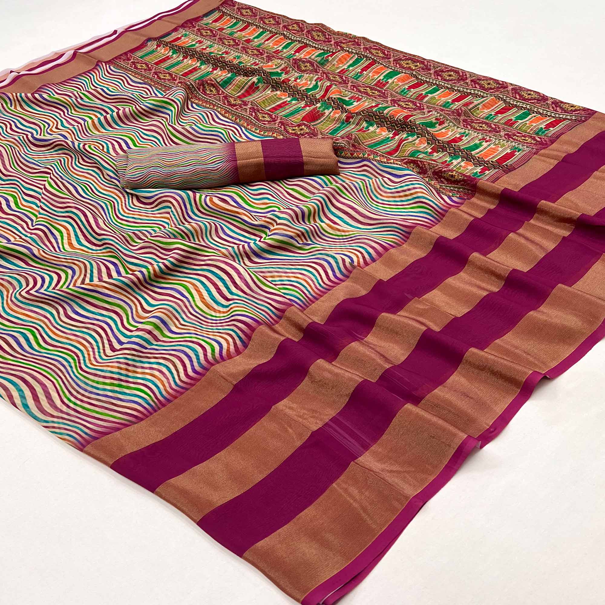 Wine Striped Digital Printed Georgette Saree