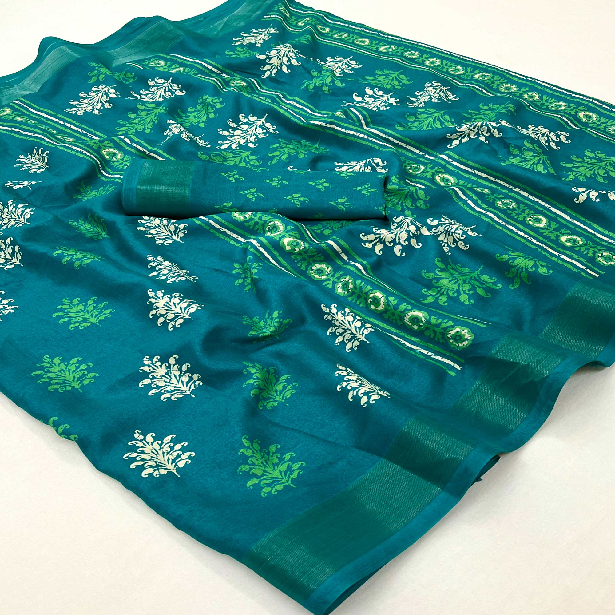 Rama Blue Printed Dola Silk Saree With Woven Border