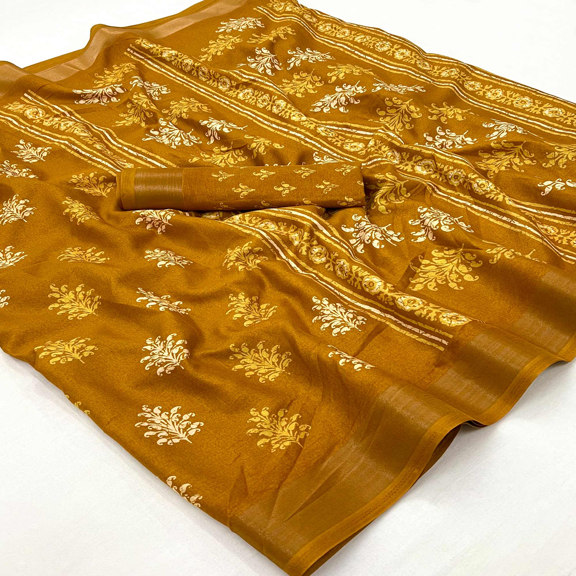 Mustard Printed Dola Silk Saree With Woven Border