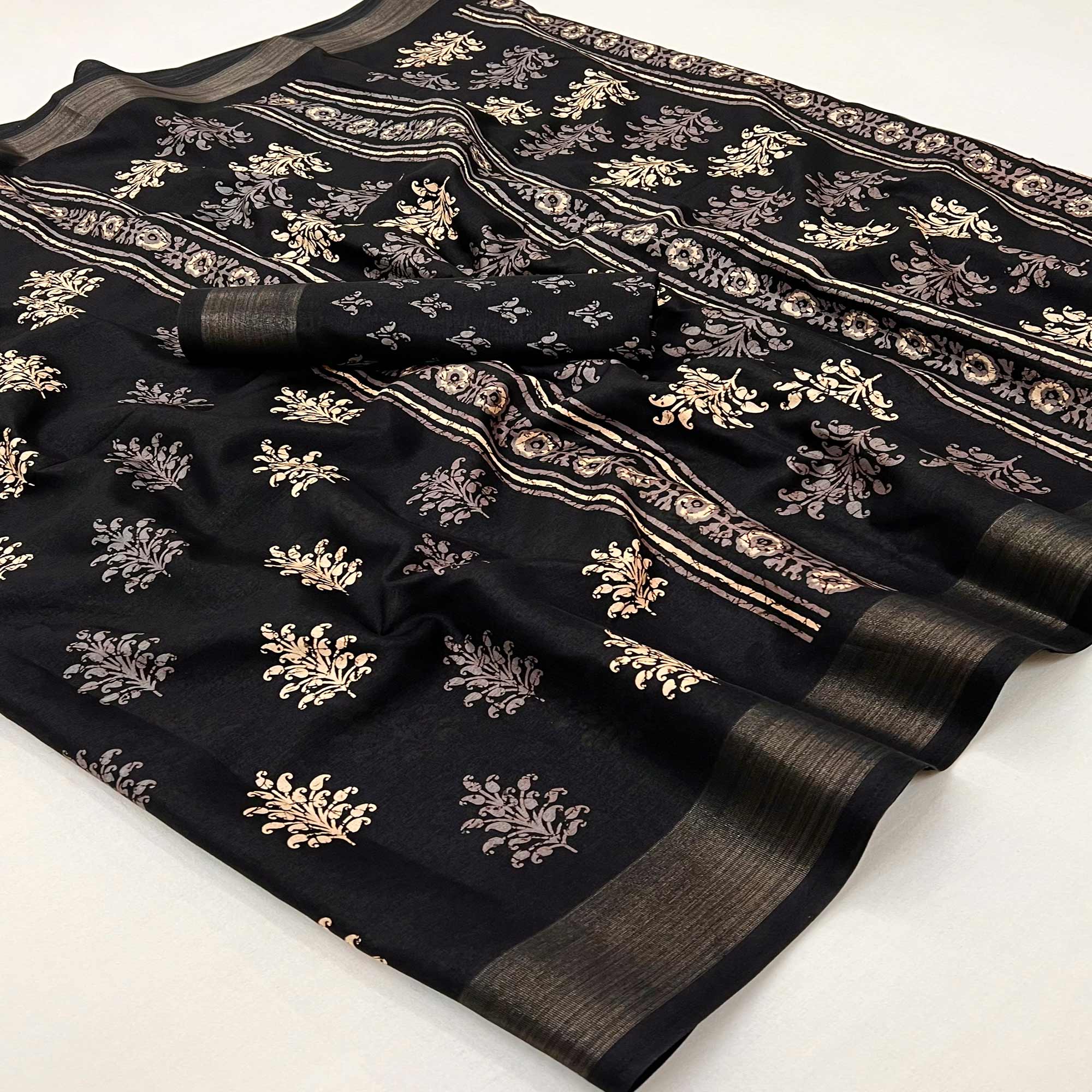 Black Printed Dola Silk Saree With Woven Border