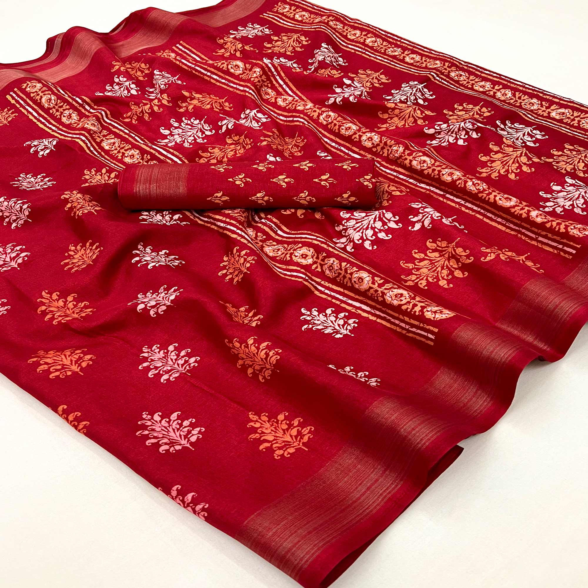 Red Printed Dola Silk Saree With Woven Border