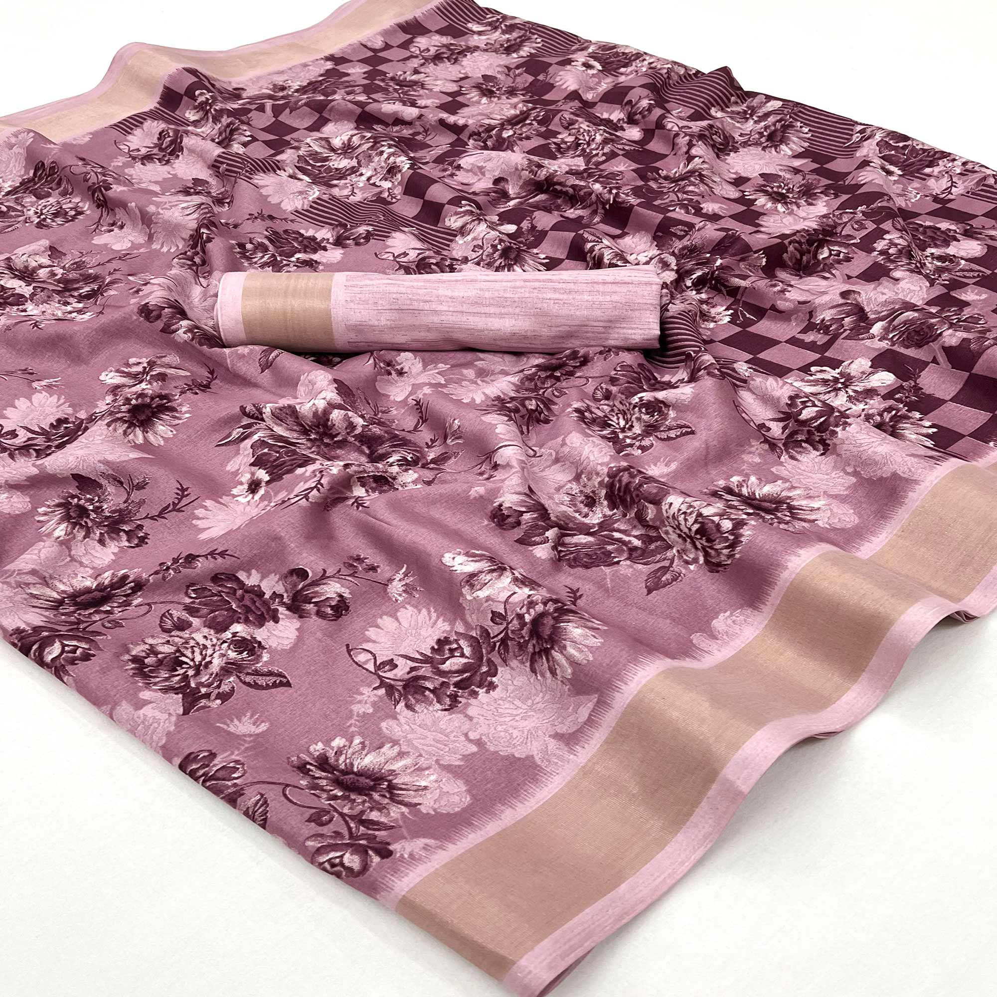 Mauve Floral Printed Dola Silk Saree With Woven Border