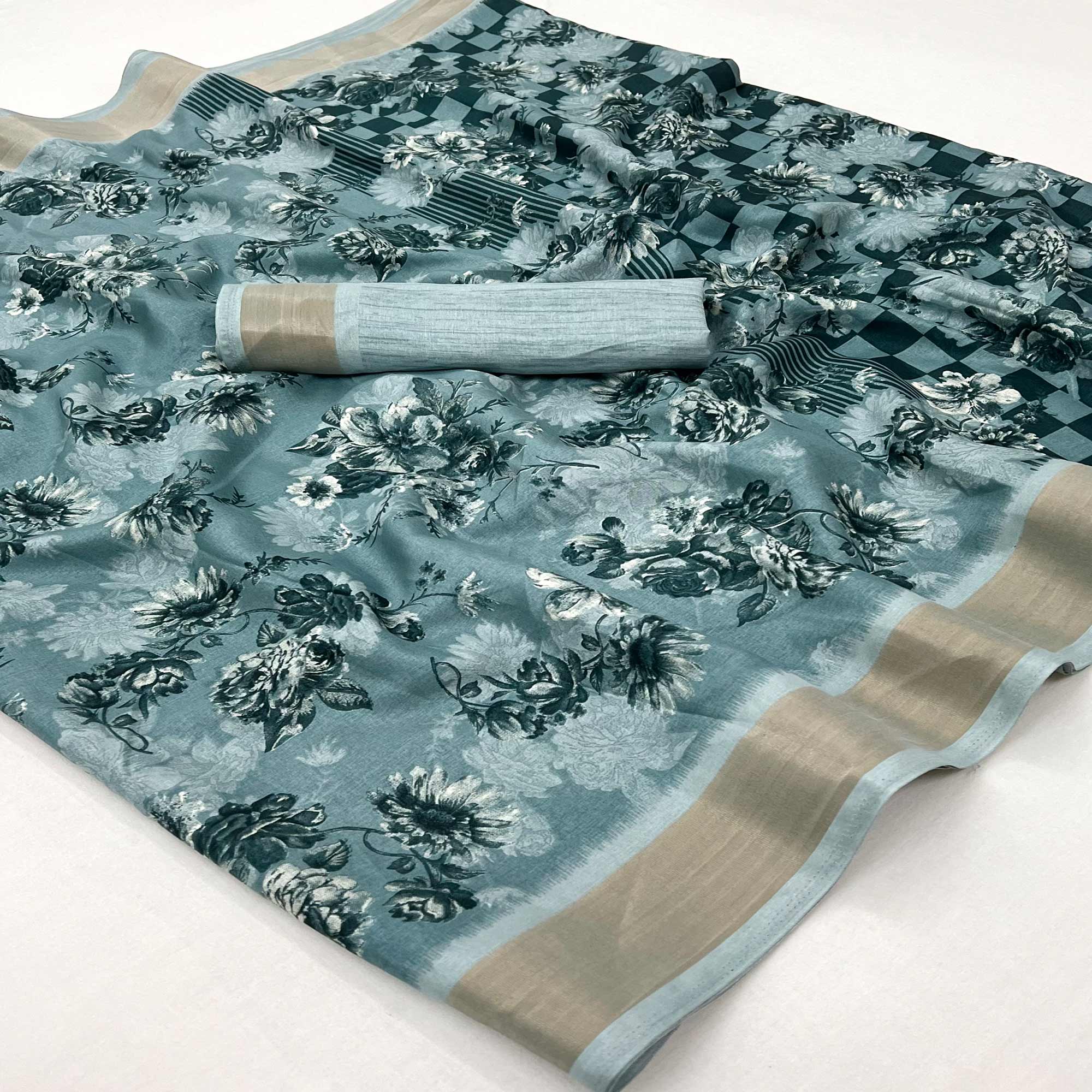 Dusty Blue Floral Printed Dola Silk Saree With Woven Border