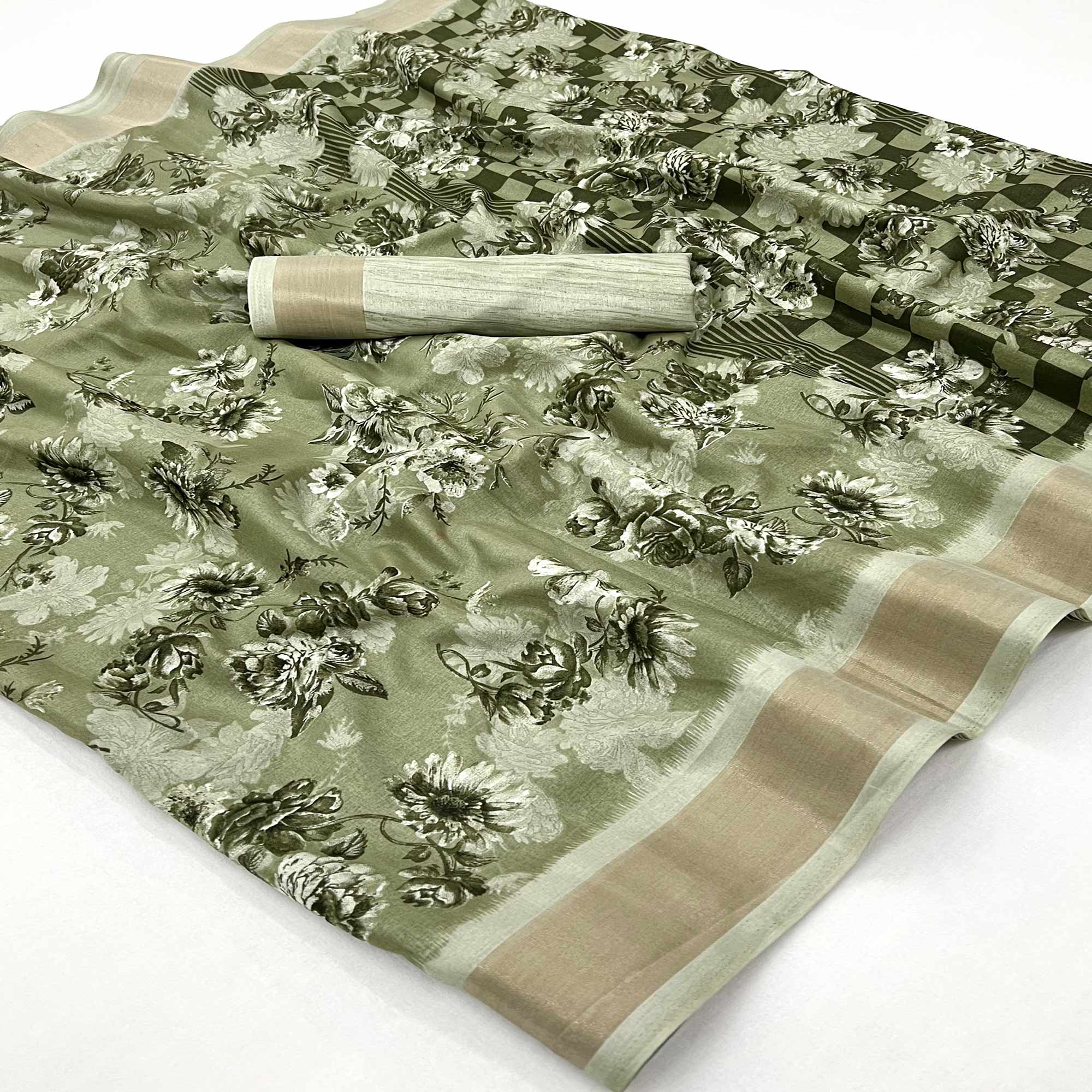 Pista Green Floral Printed Dola Silk Saree With Woven Border