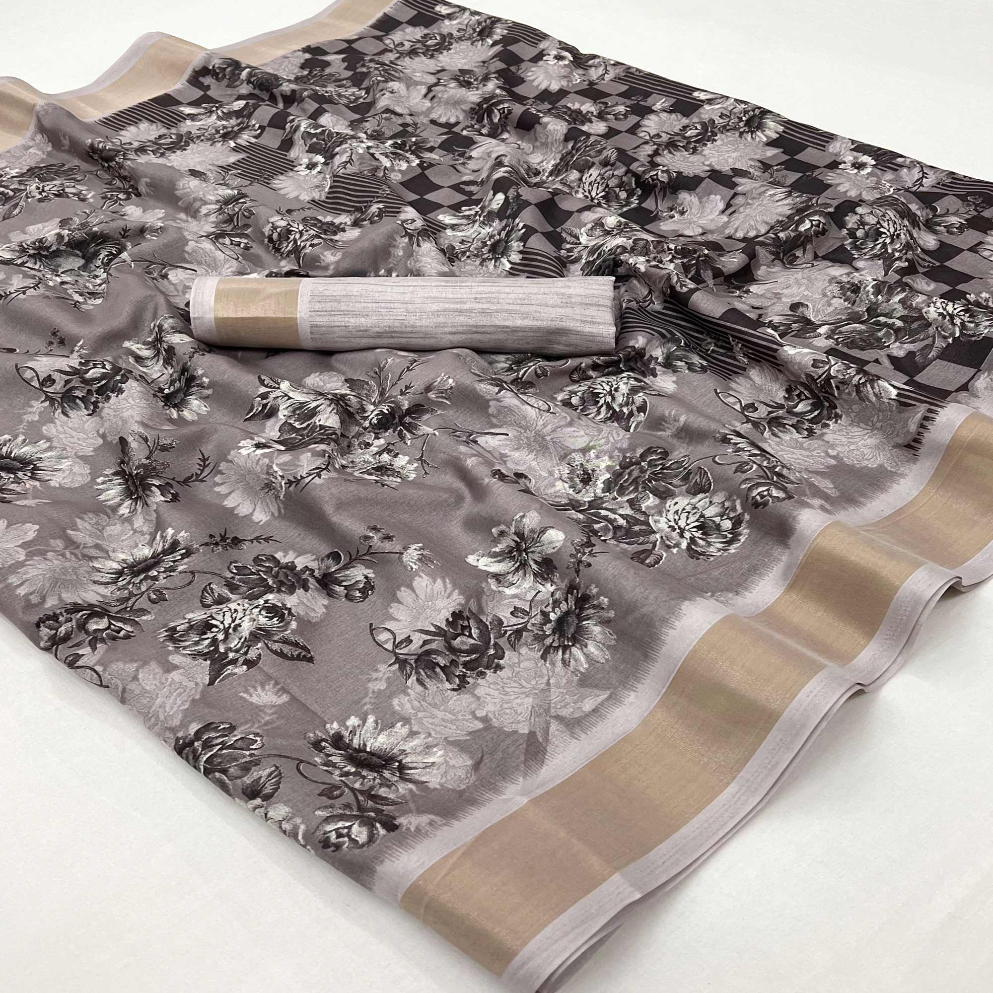 Grey Floral Printed Dola Silk Saree With Woven Border