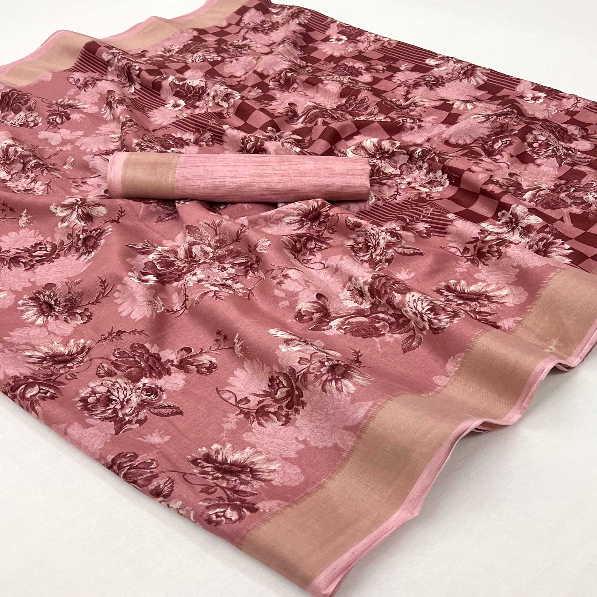 Dusty Peach Floral Printed Dola Silk Saree With Woven Border