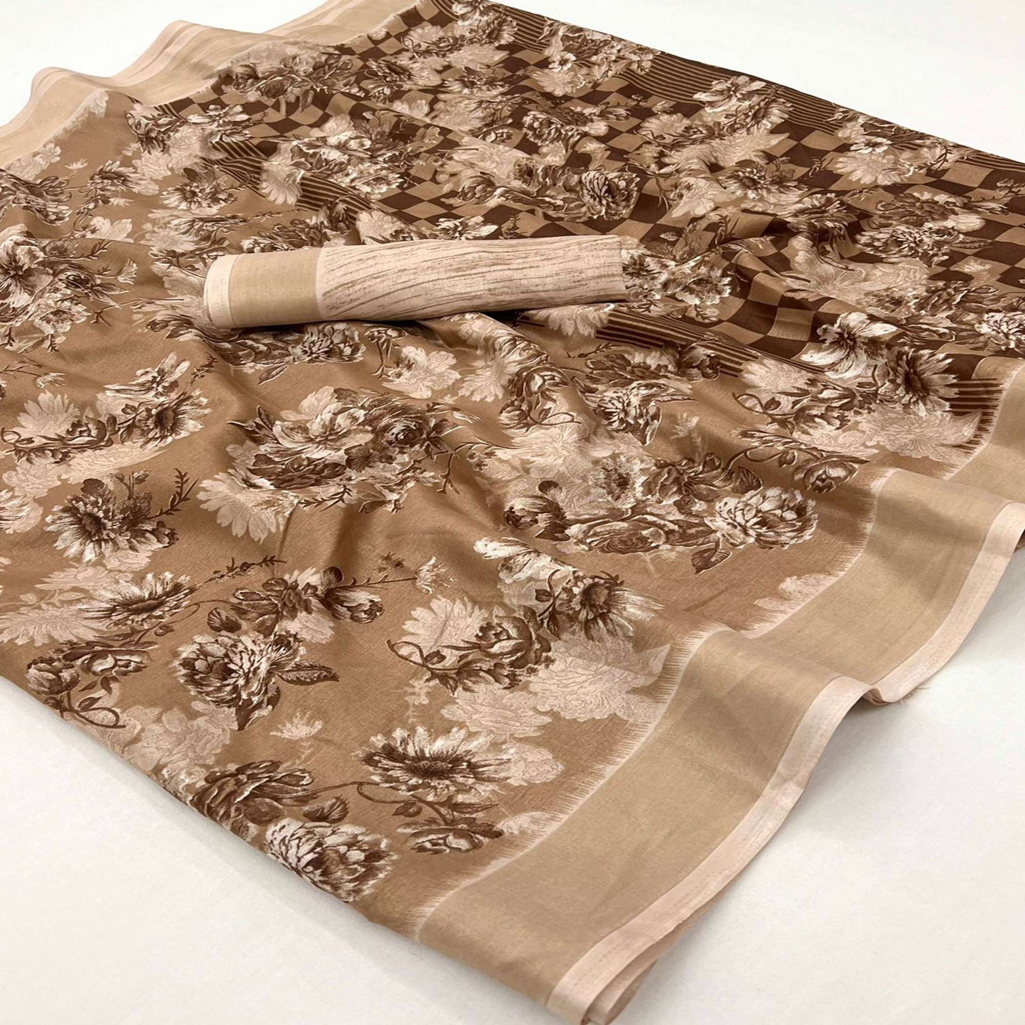 Brown Floral Printed Dola Silk Saree With Woven Border