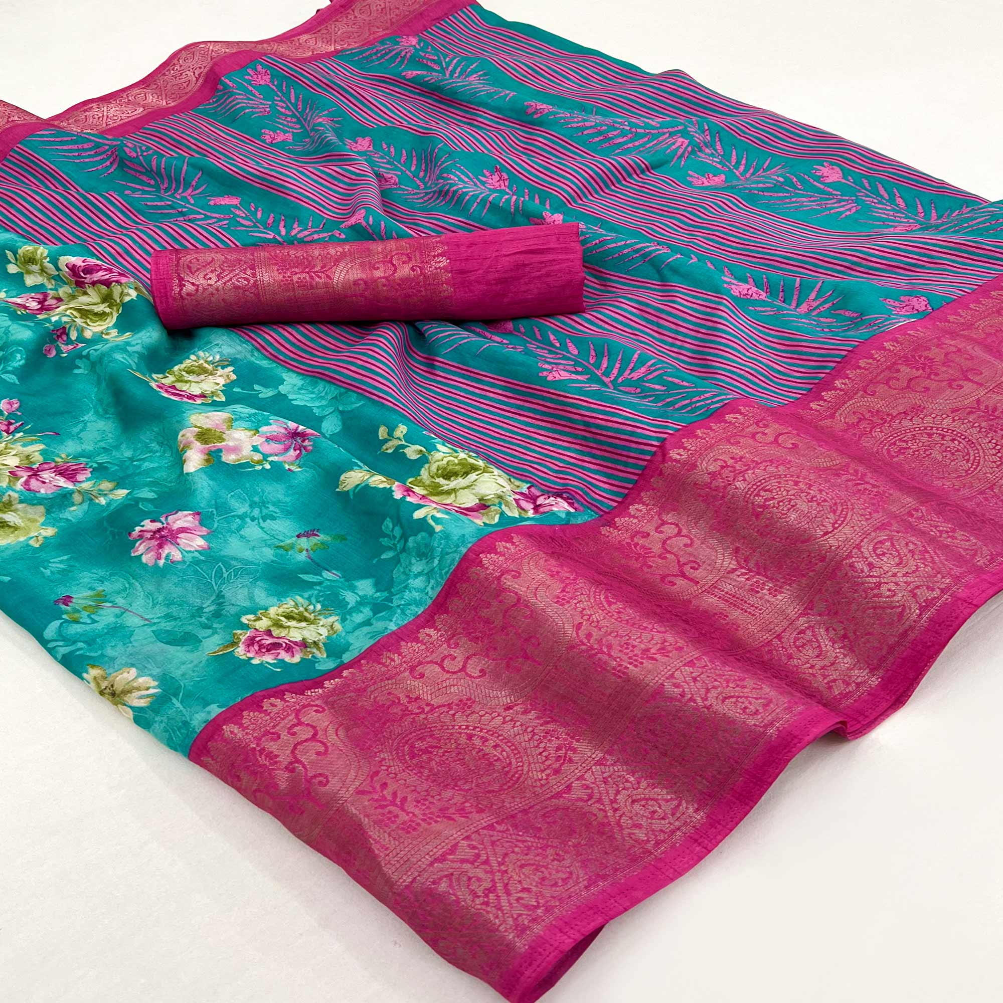 Blue Floral Printed Dola Silk Saree With Woven Border