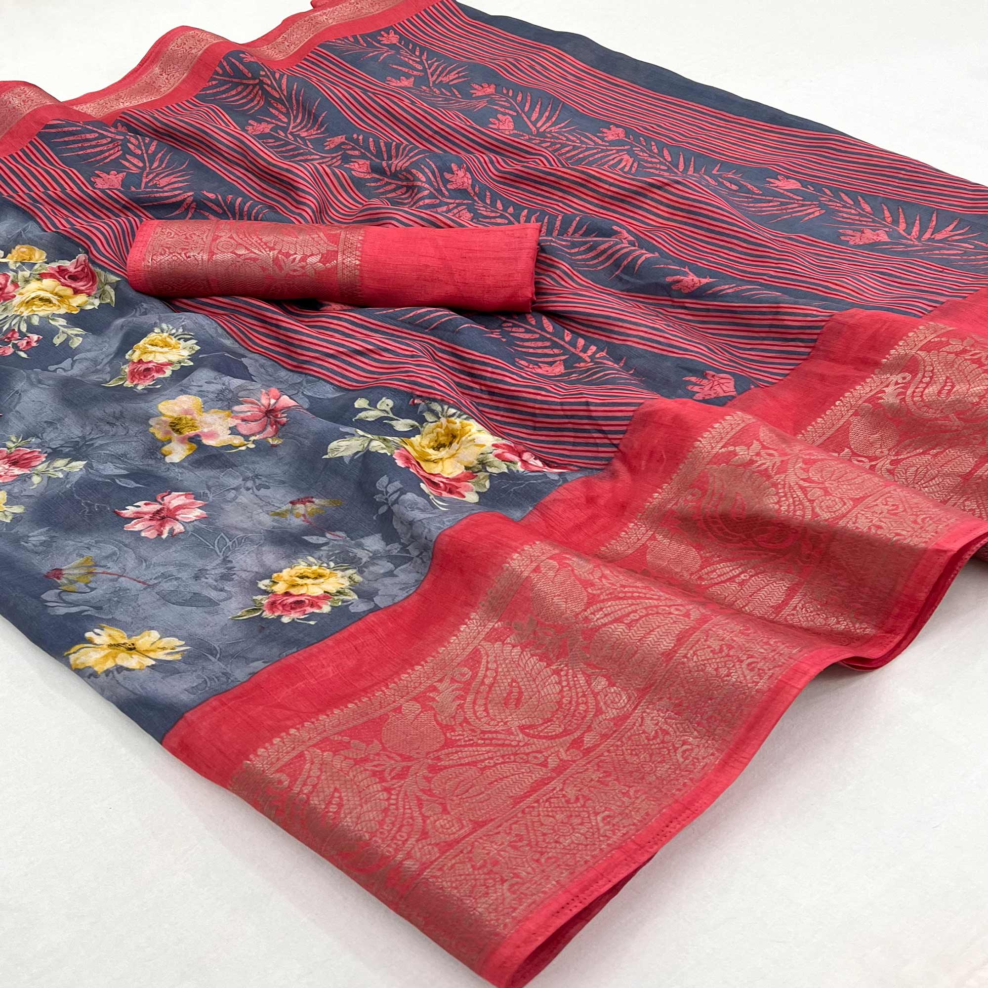 Grey Floral Printed Dola Silk Saree With Woven Border