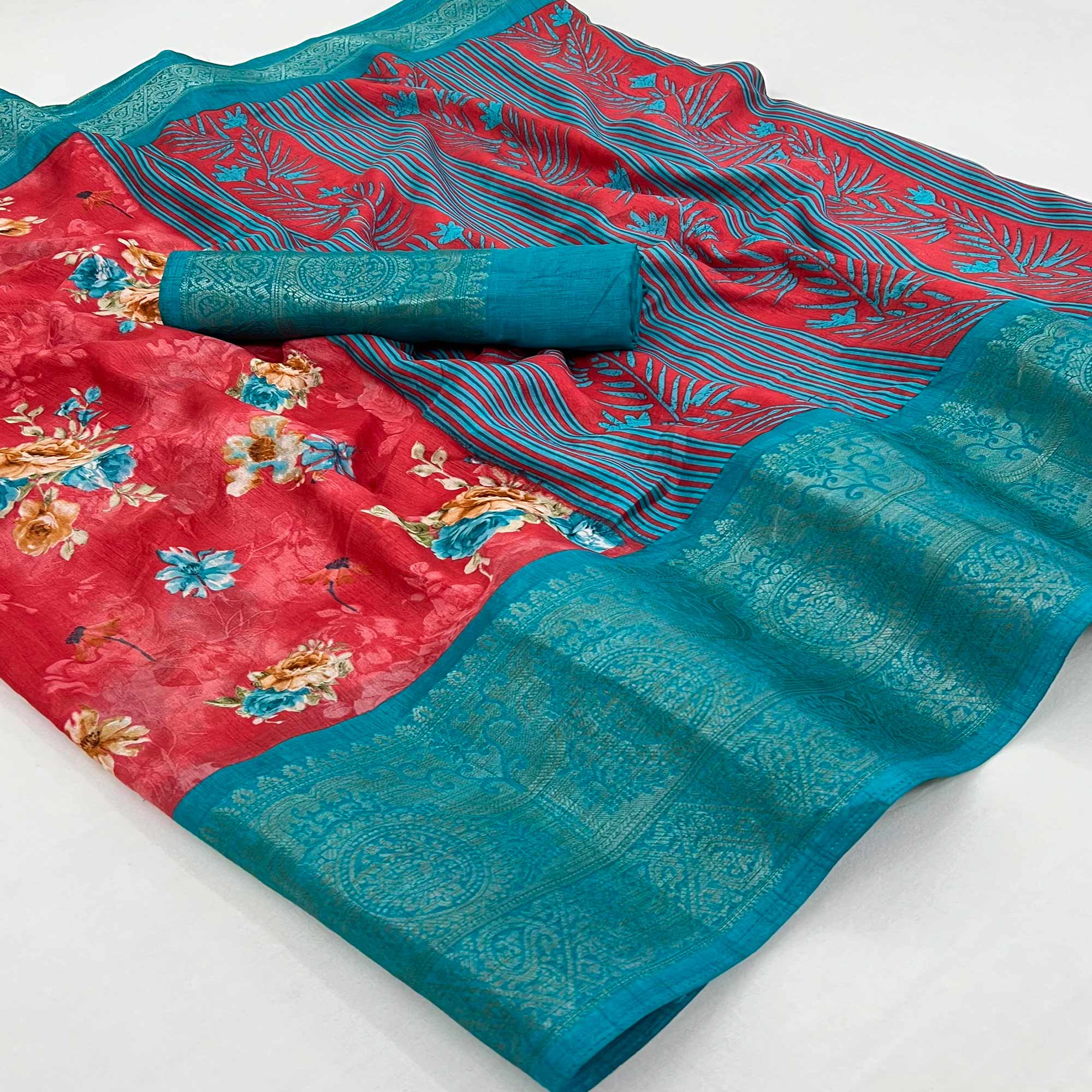 Red Floral Printed Dola Silk Saree With Woven Border