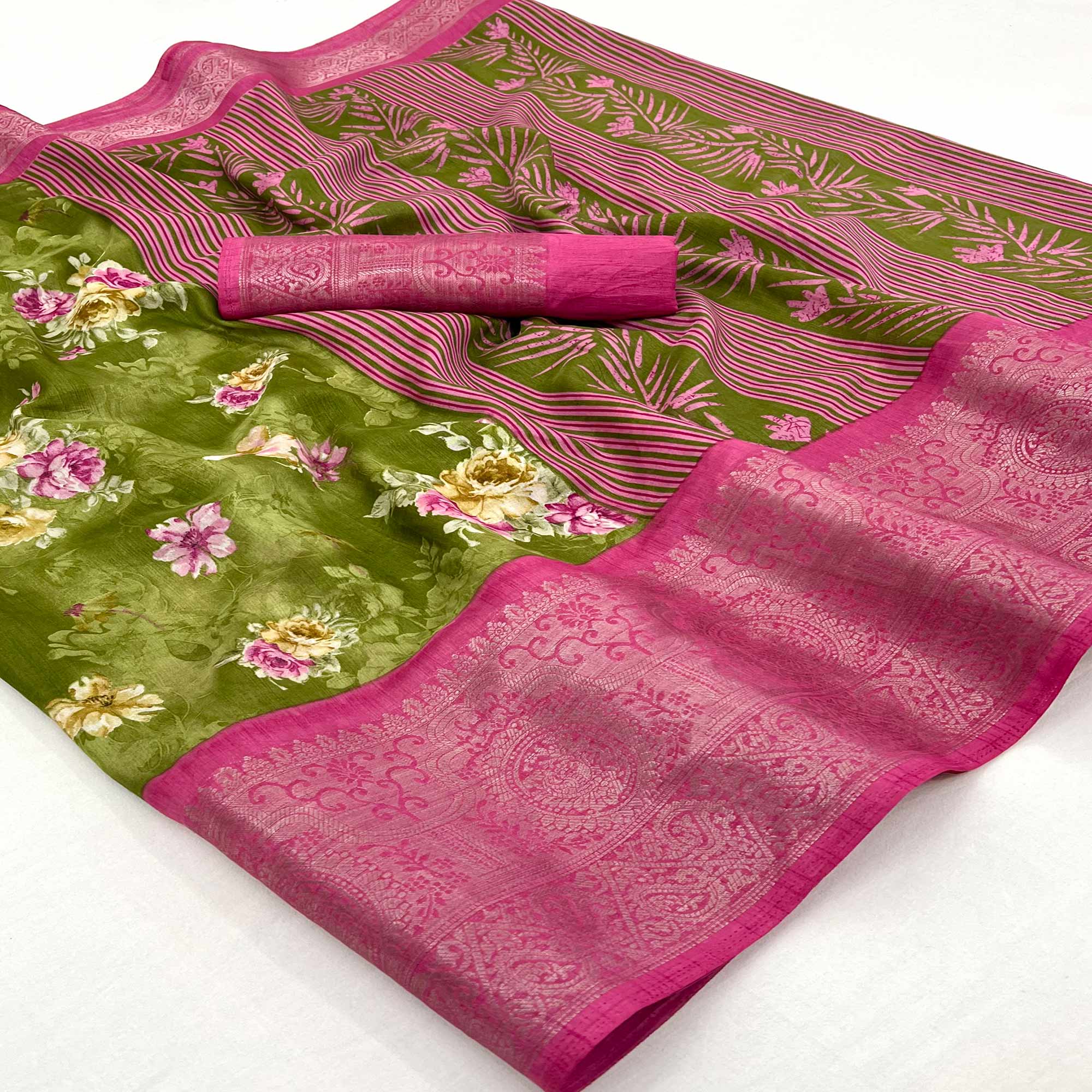 Olive Floral Printed Dola Silk Saree With Woven Border