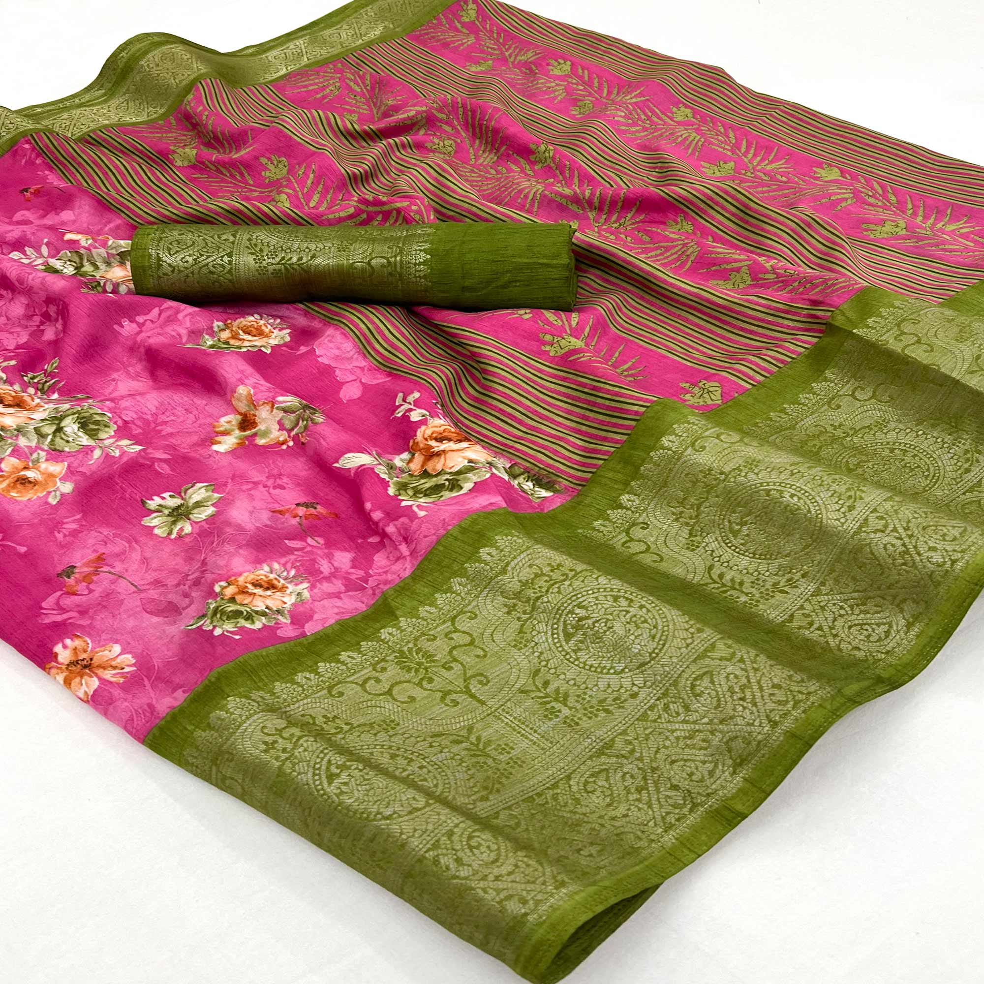Rani Pink Floral Printed Dola Silk Saree With Woven Border