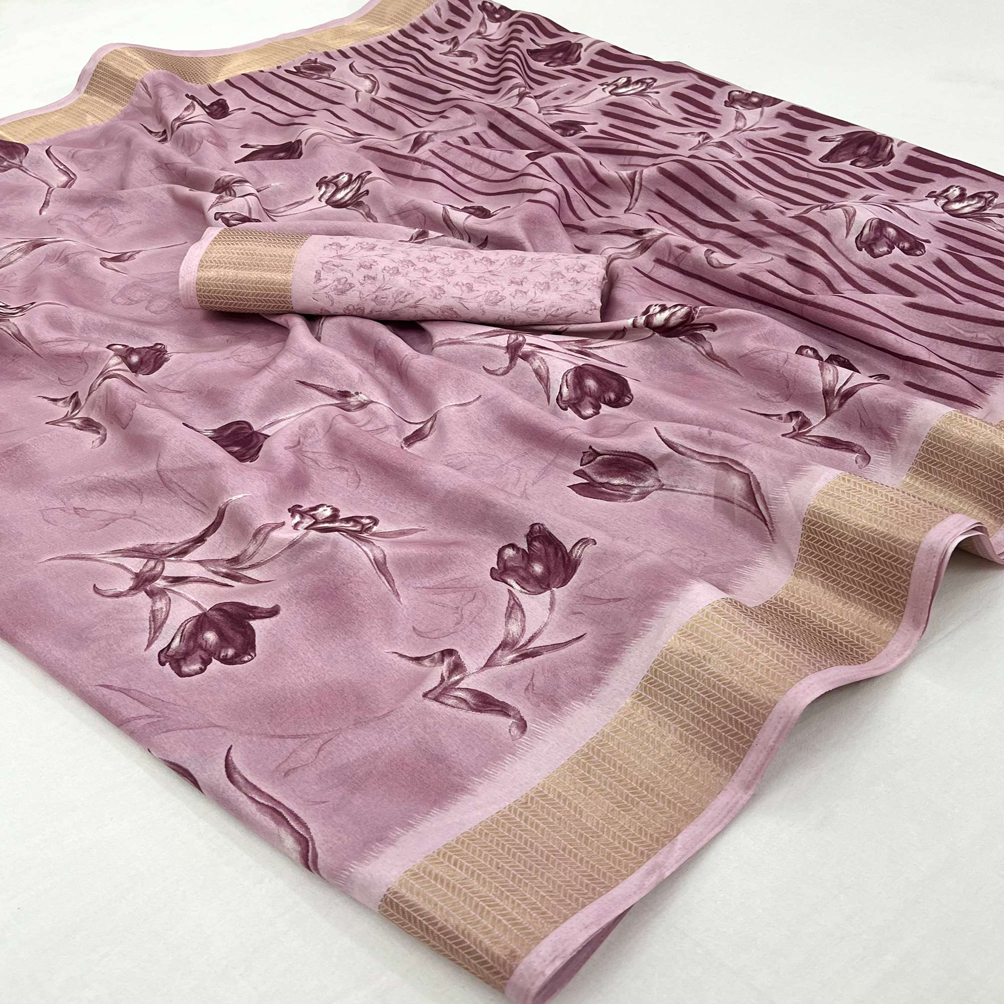 Light Mauve Floral Printed Dola Silk Saree With Woven Border