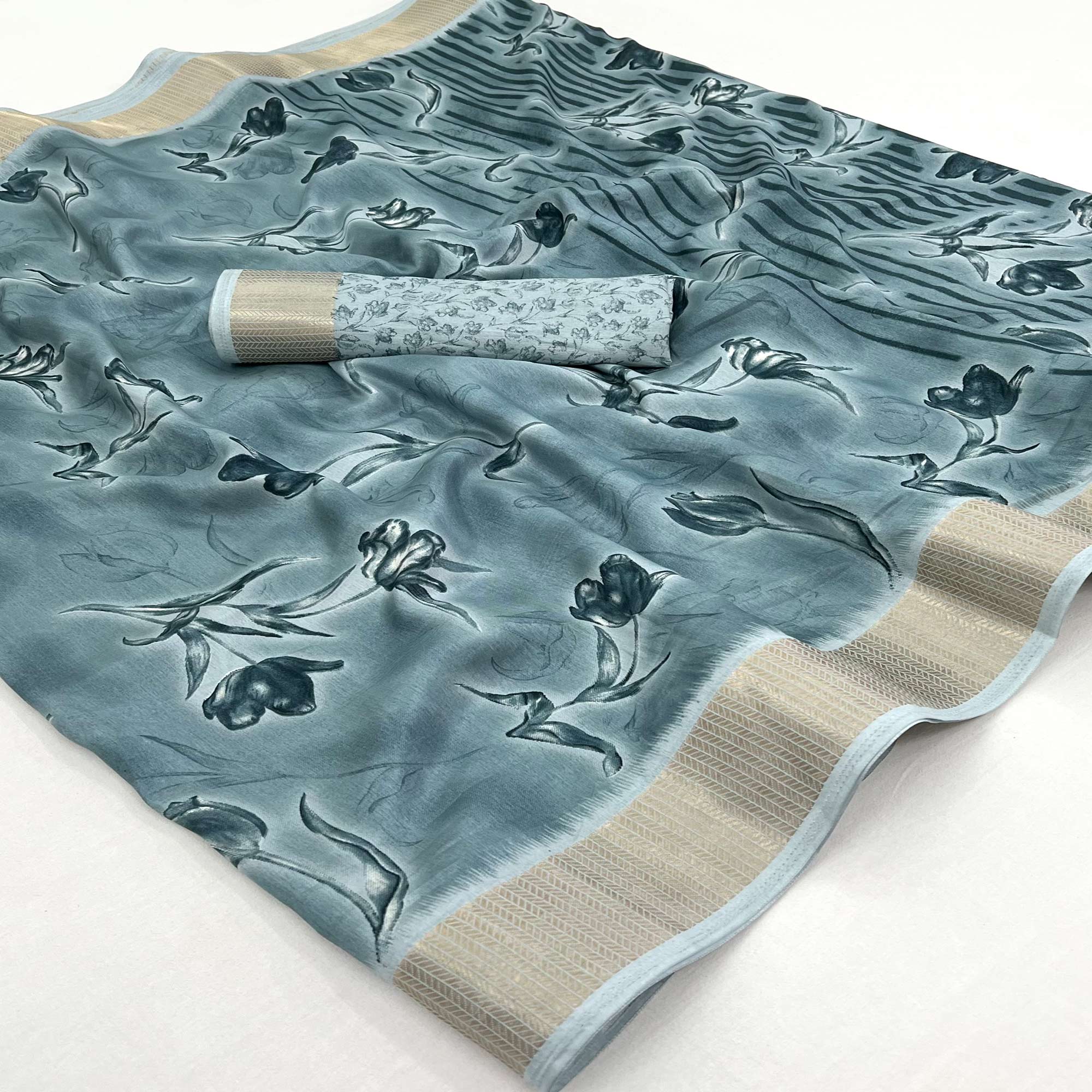 Dusty Blue Floral Printed Dola Silk Saree With Woven Border