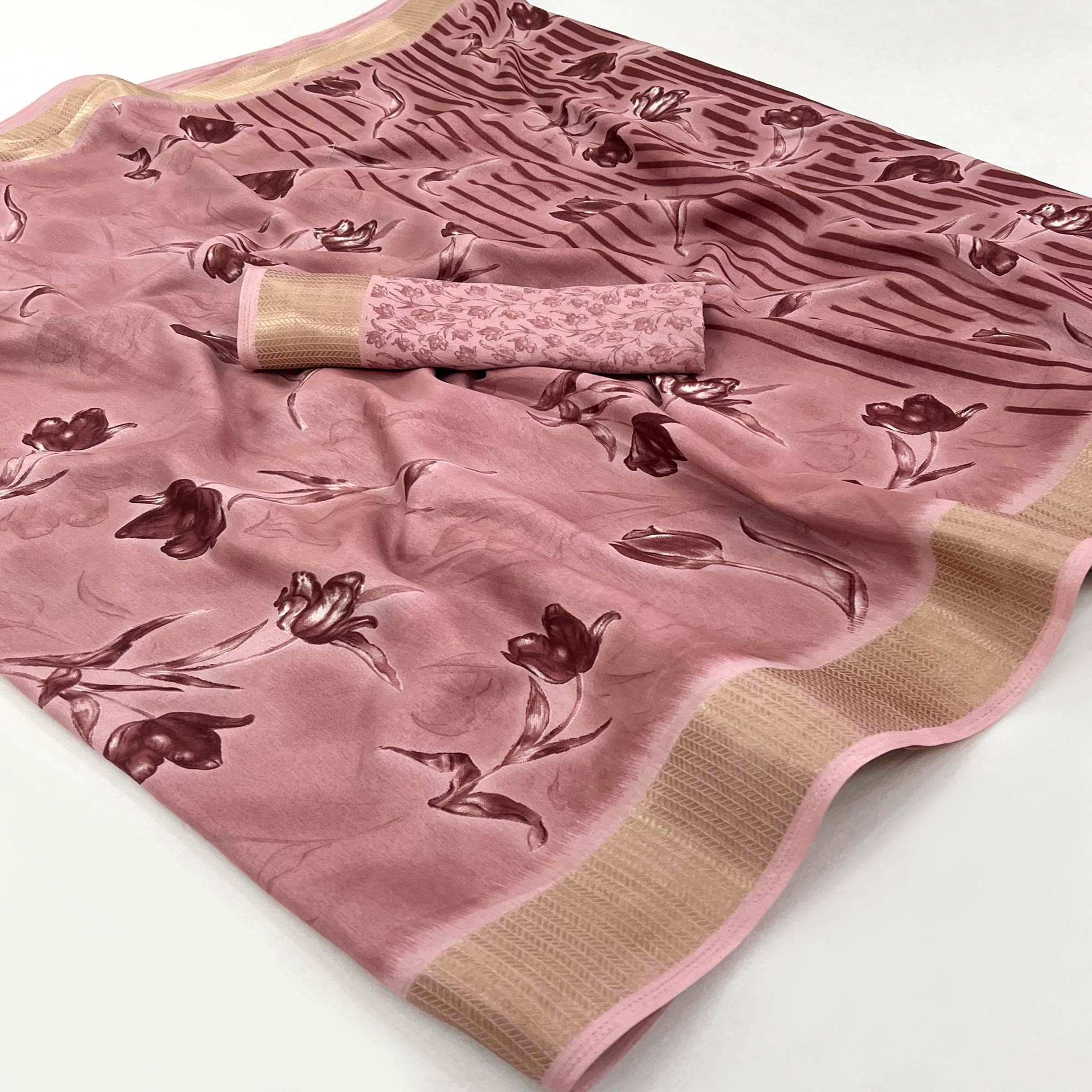 Peach Floral Printed Dola Silk Saree With Woven Border