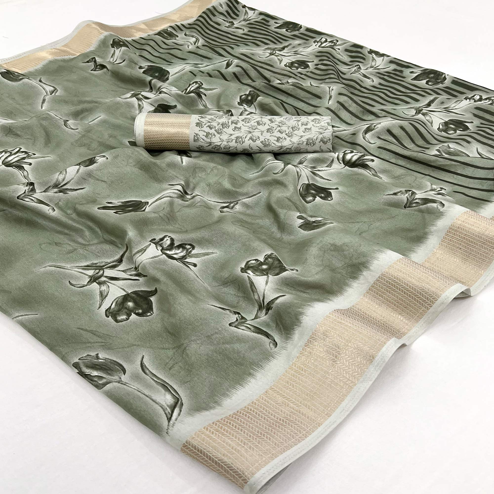 Dusty Green Floral Printed Dola Silk Saree With Woven Border
