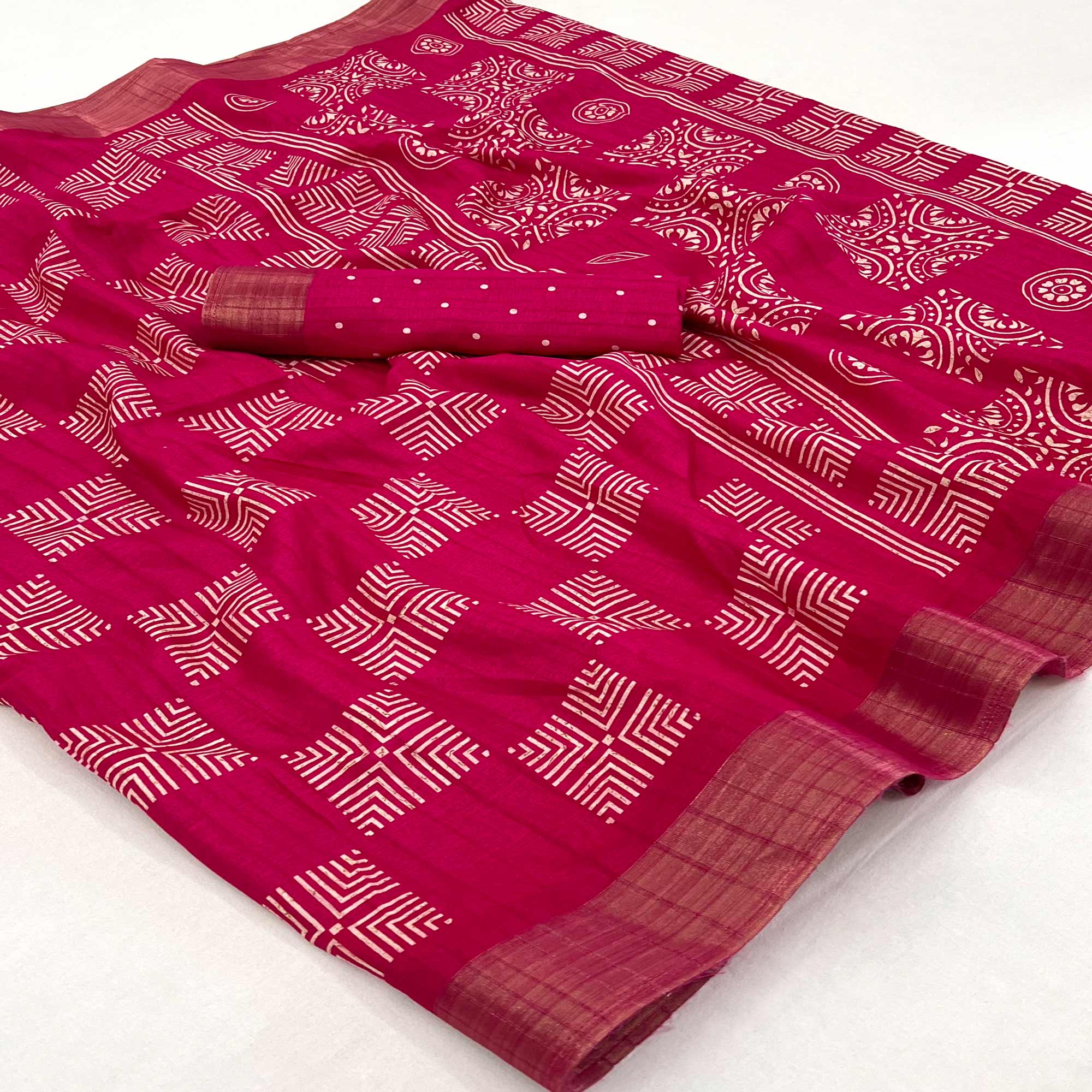 Rani Pink Printed Cotton Blend Saree With Woven Border