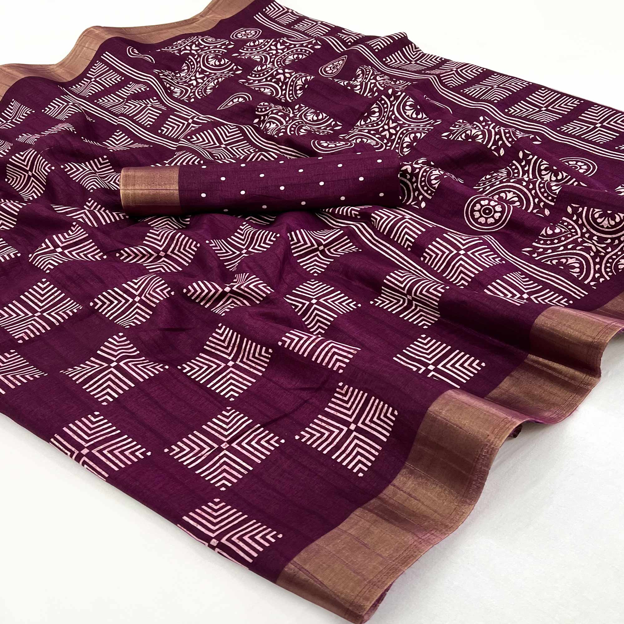 Wine Printed Cotton Blend Saree With Woven Border