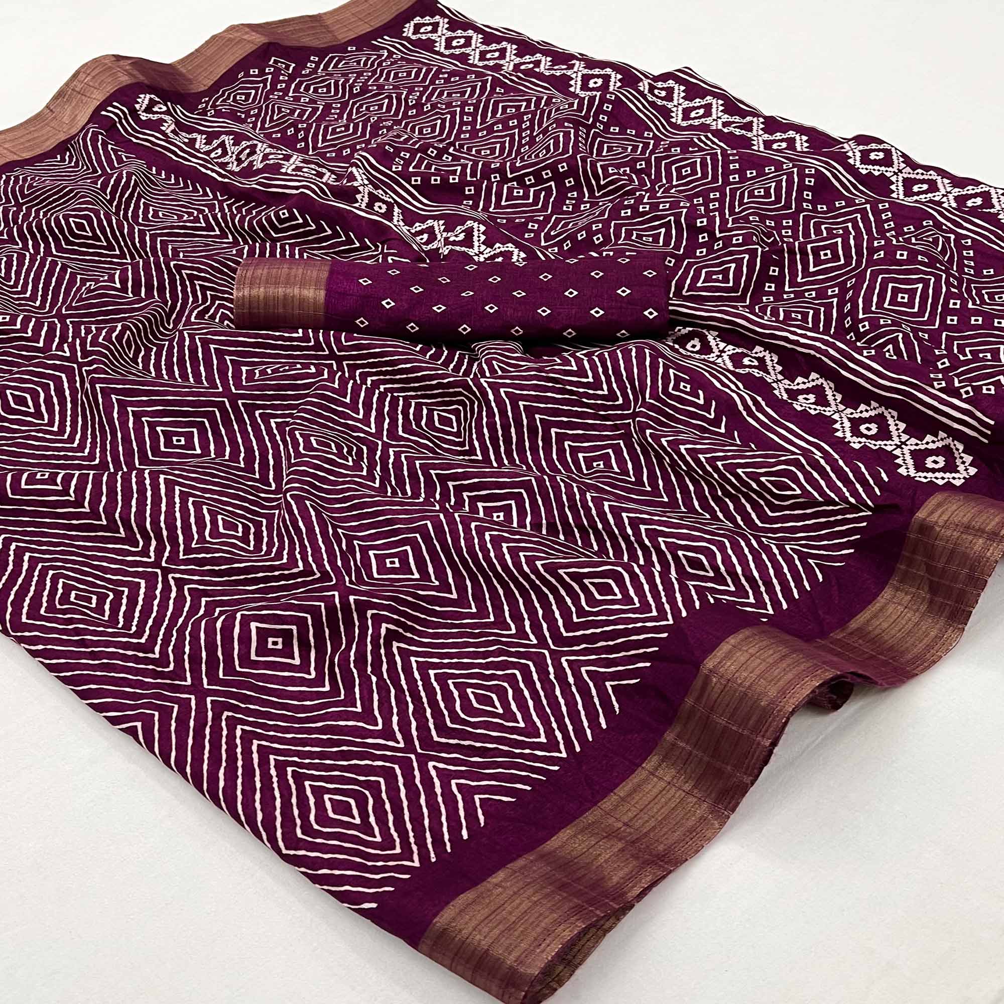 Wine Printed Cotton Blend Saree With Woven Border