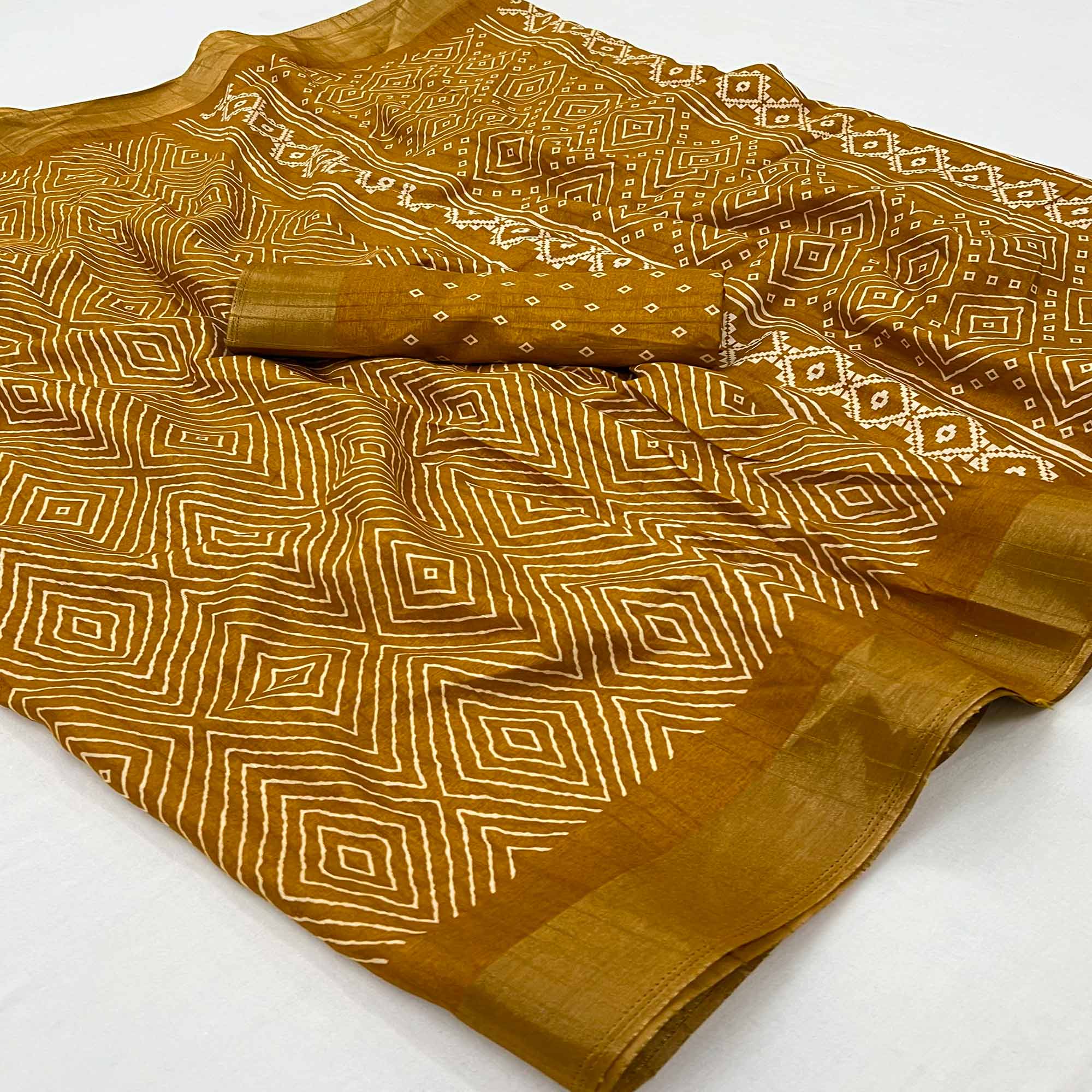 Mustard Printed Cotton Blend Saree With Woven Border