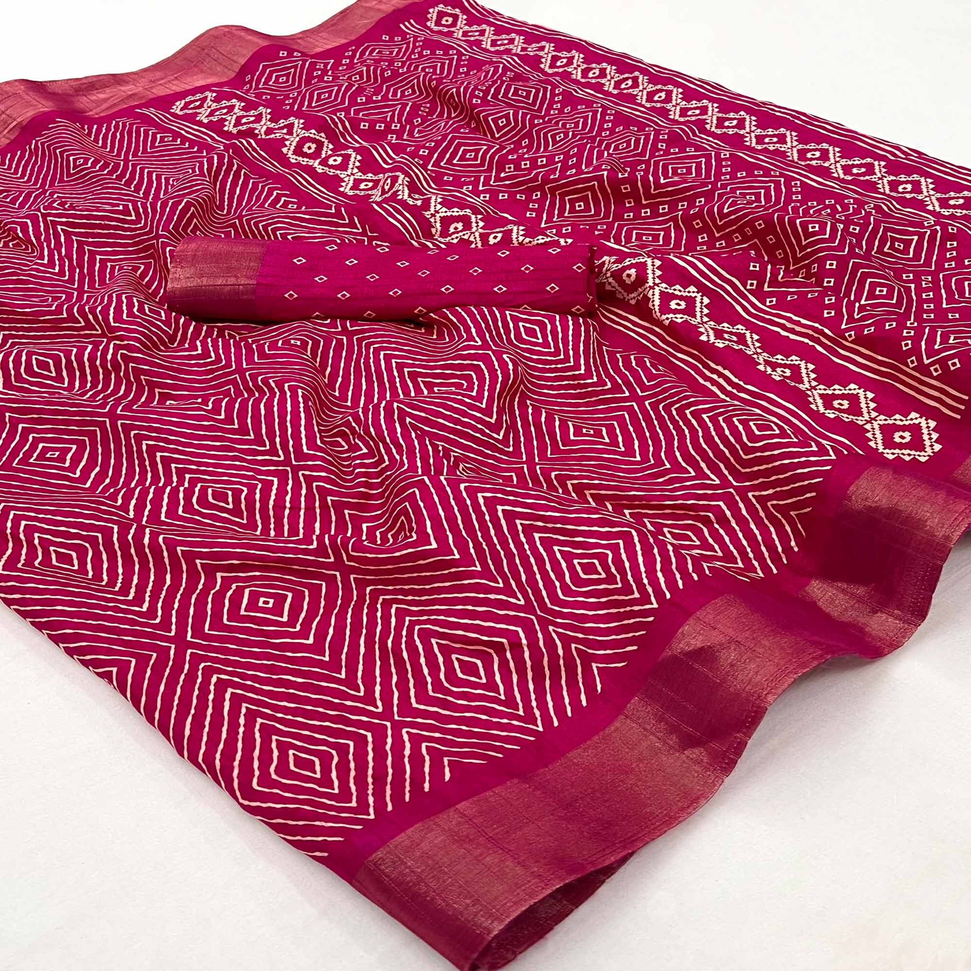 Rani Pink Printed Cotton Blend Saree With Woven Border