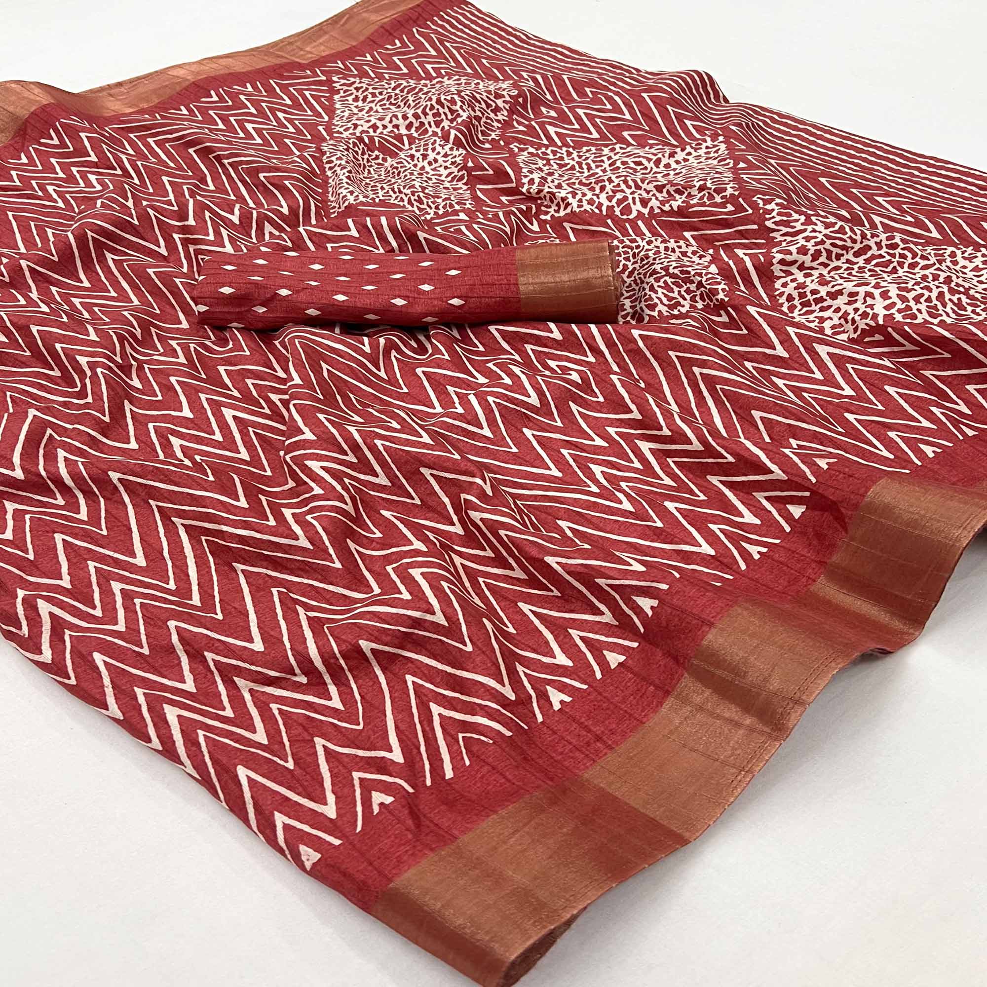 Red Printed Cotton Blend Saree With Woven Border