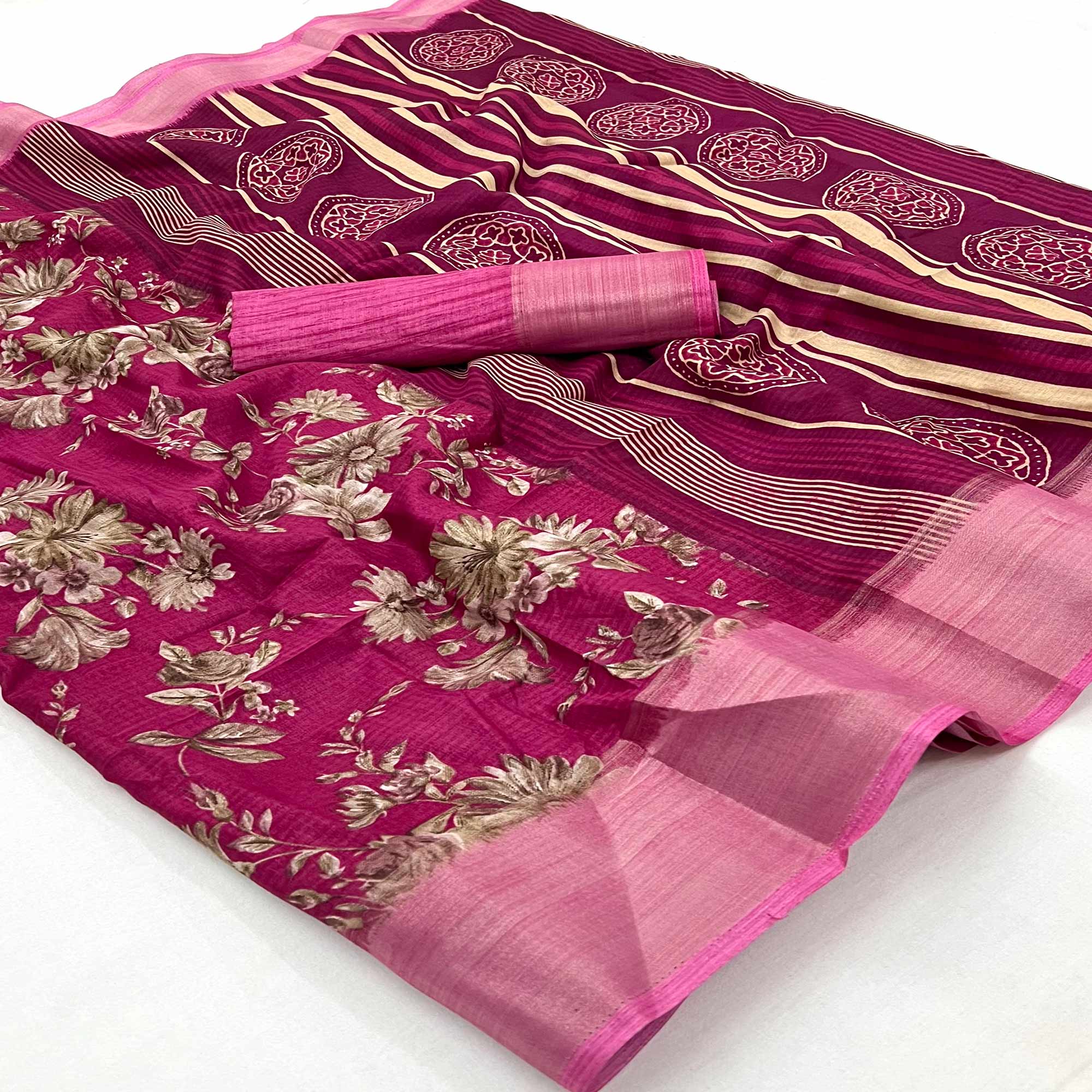 Rani Pink Floral Printed Dola Silk Saree With Woven Border