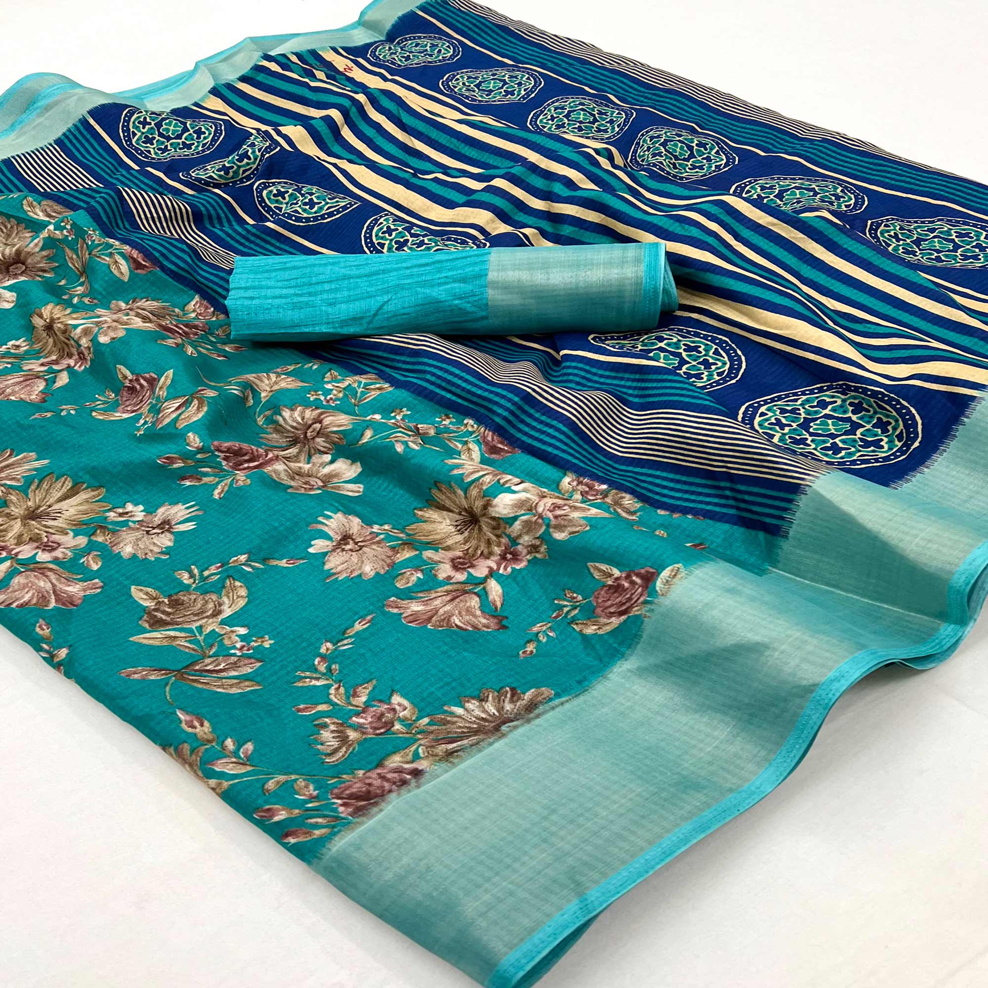 Blue Floral Printed Dola Silk Saree With Woven Border