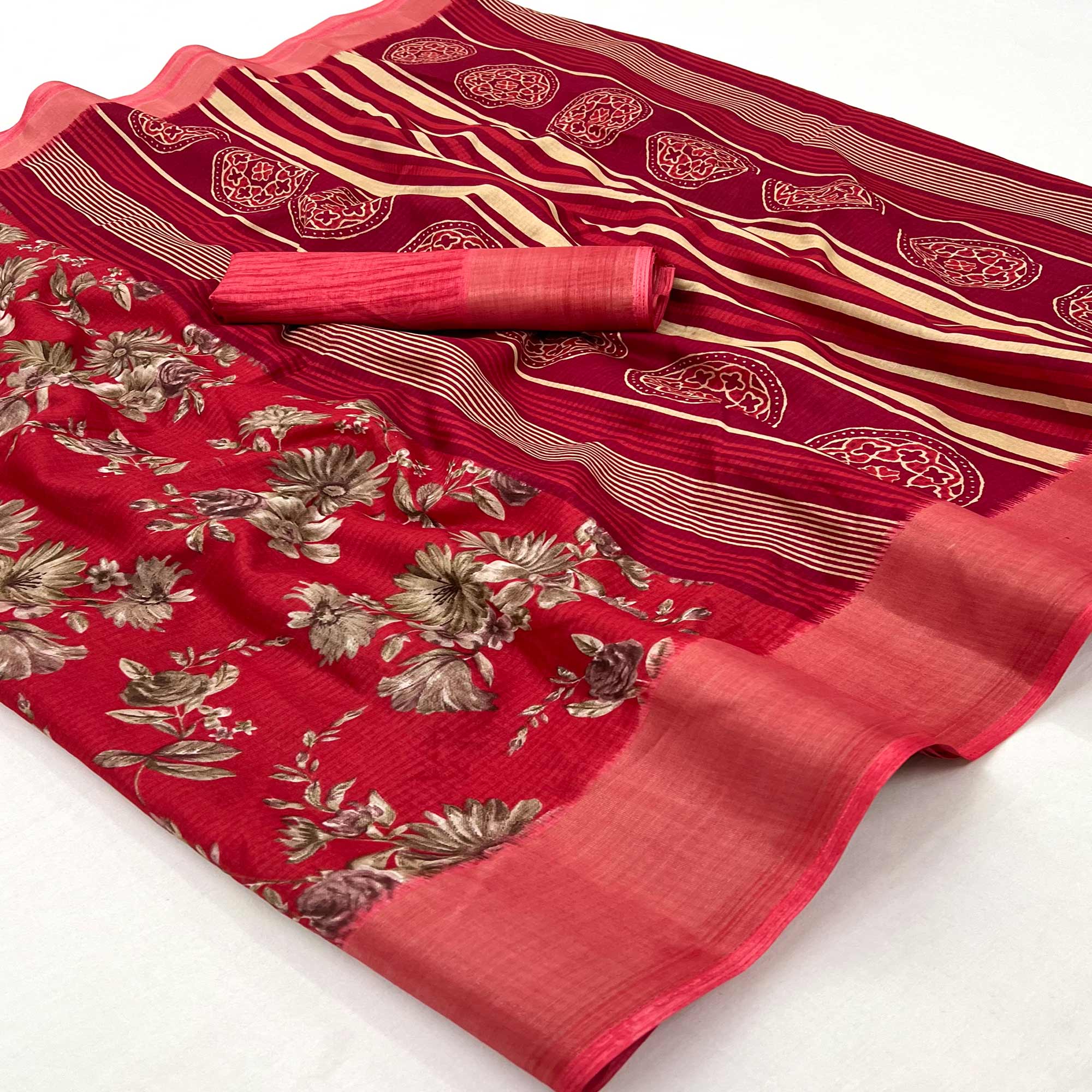 Red Floral Printed Dola Silk Saree With Woven Border