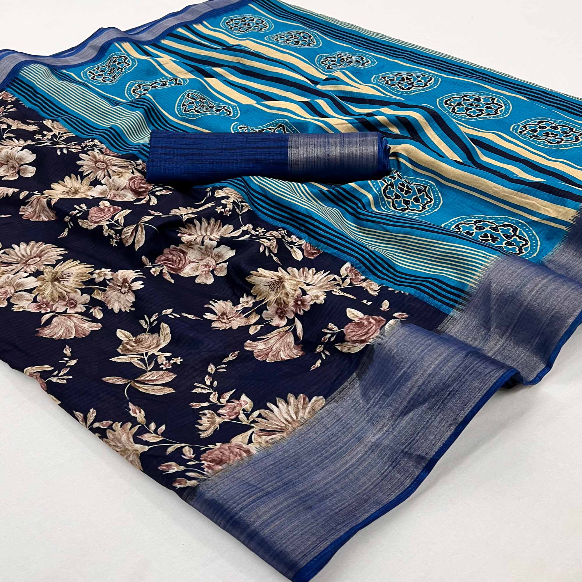 Navy Blue Floral Printed Dola Silk Saree With Woven Border