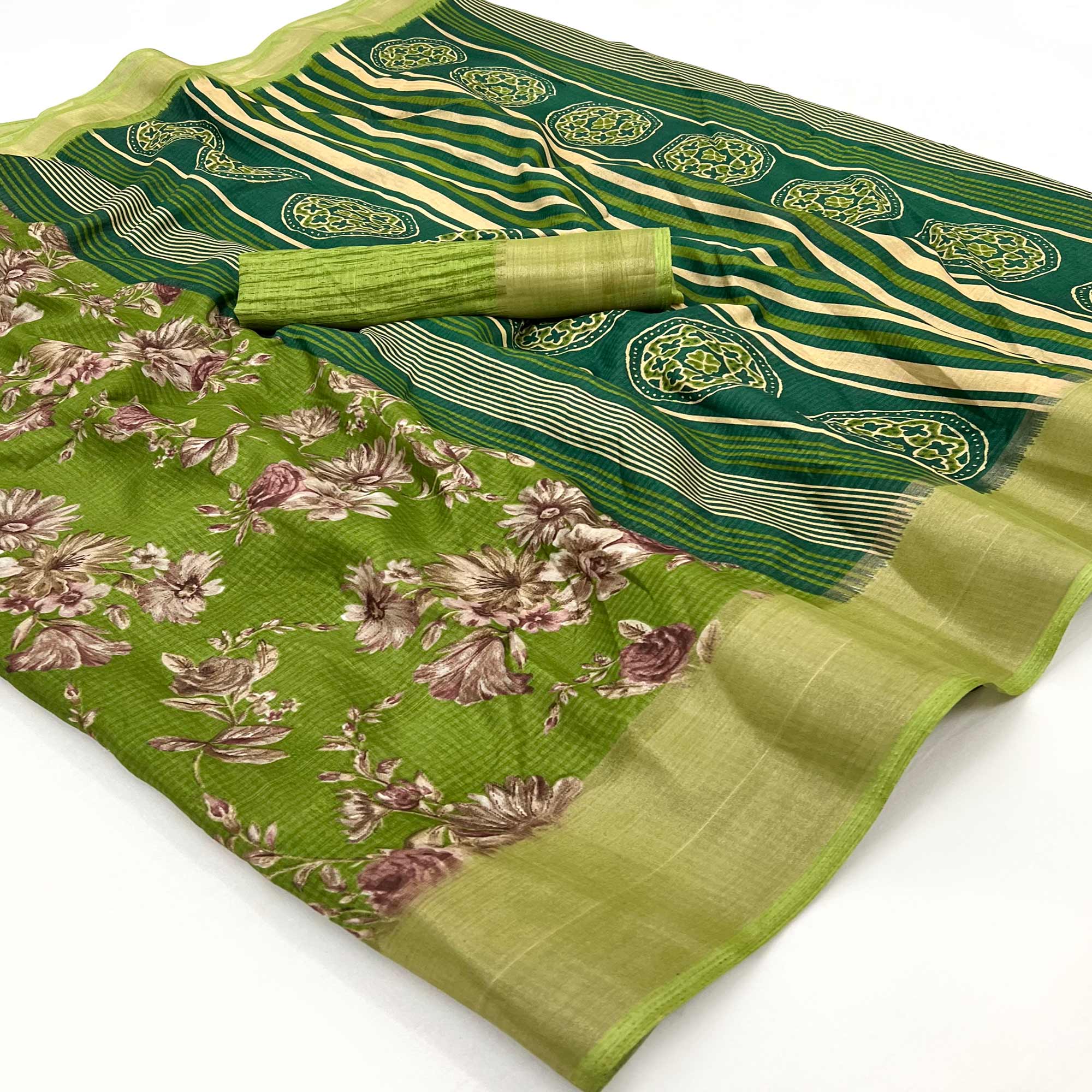 Green Floral Printed Dola Silk Saree With Woven Border