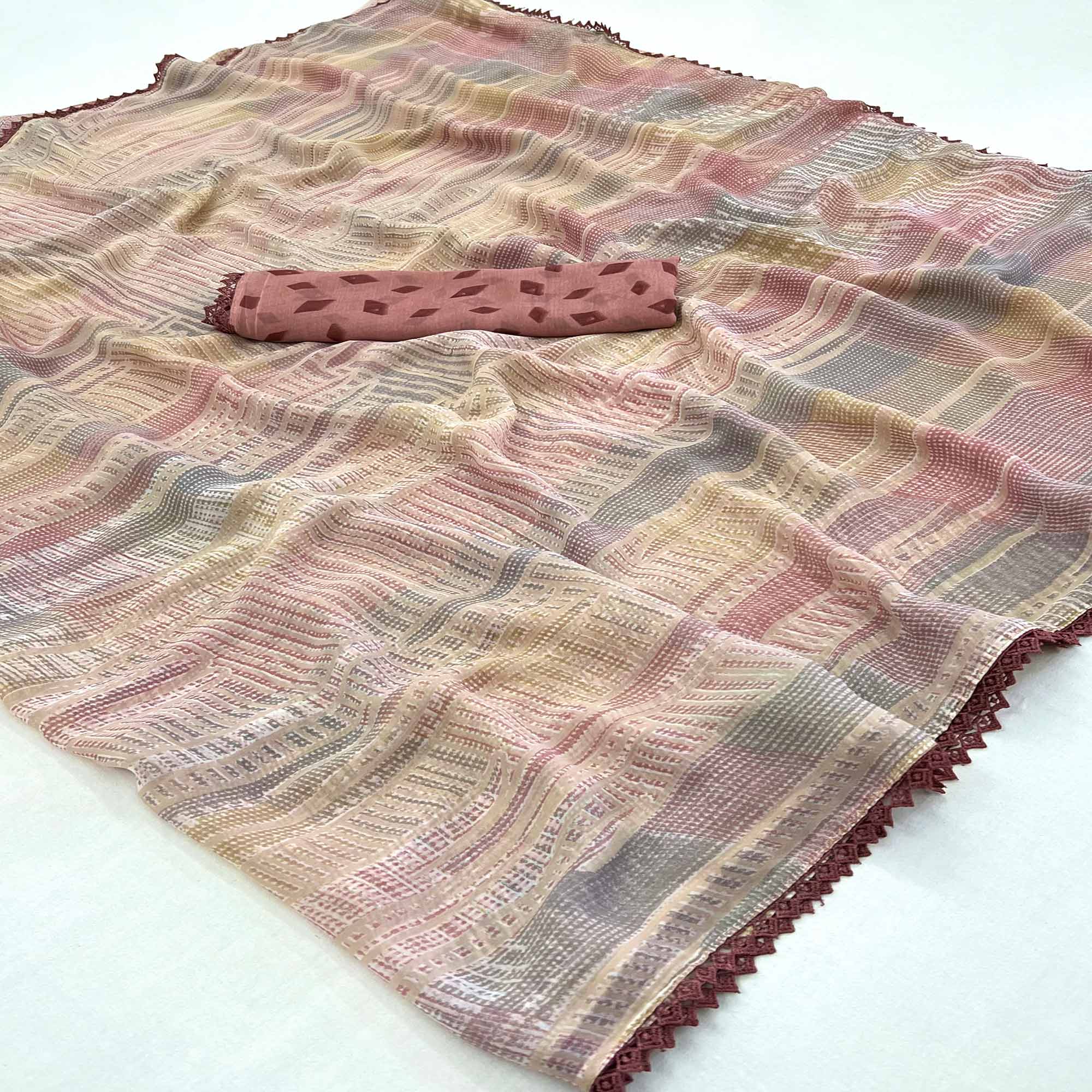 Peach Printed Georgette Saree With Fancy Border