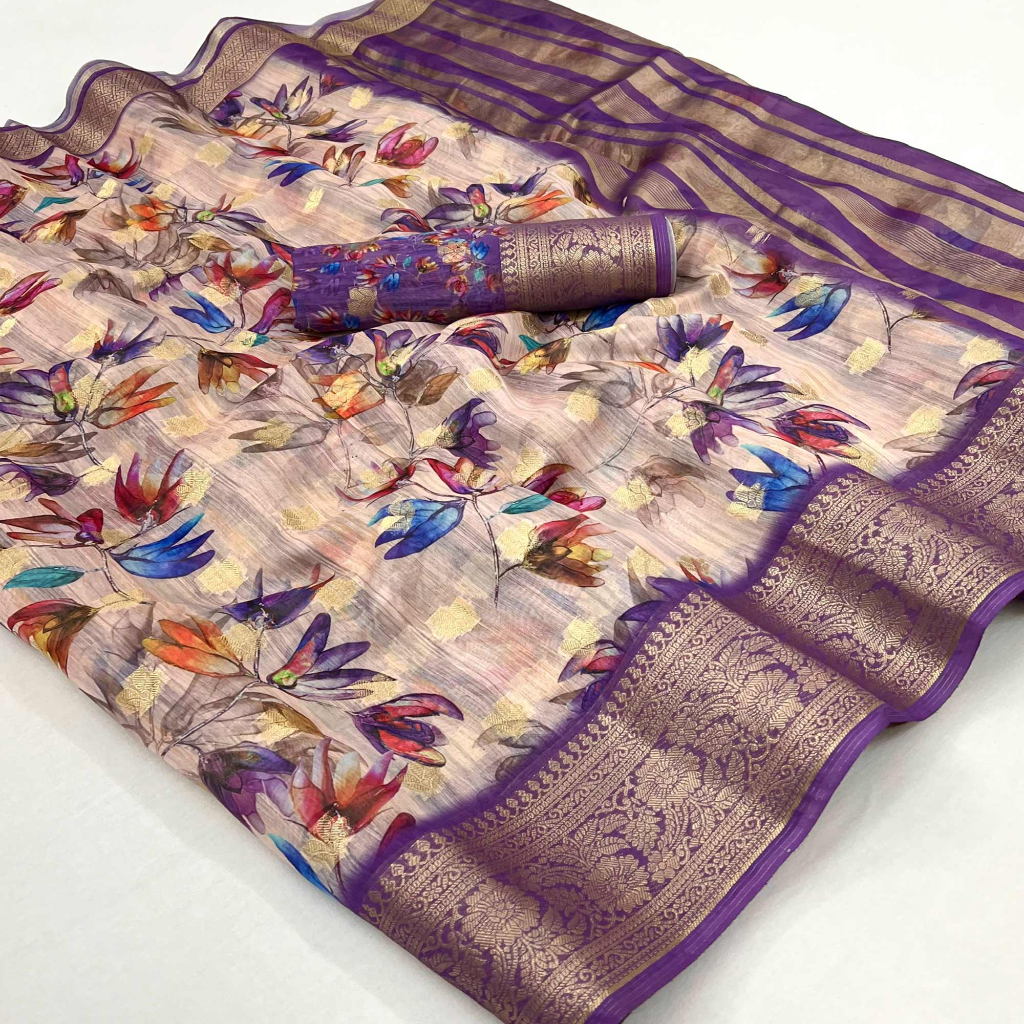 Beige Floral Digital Printed With Woven Border Cotton Silk Saree