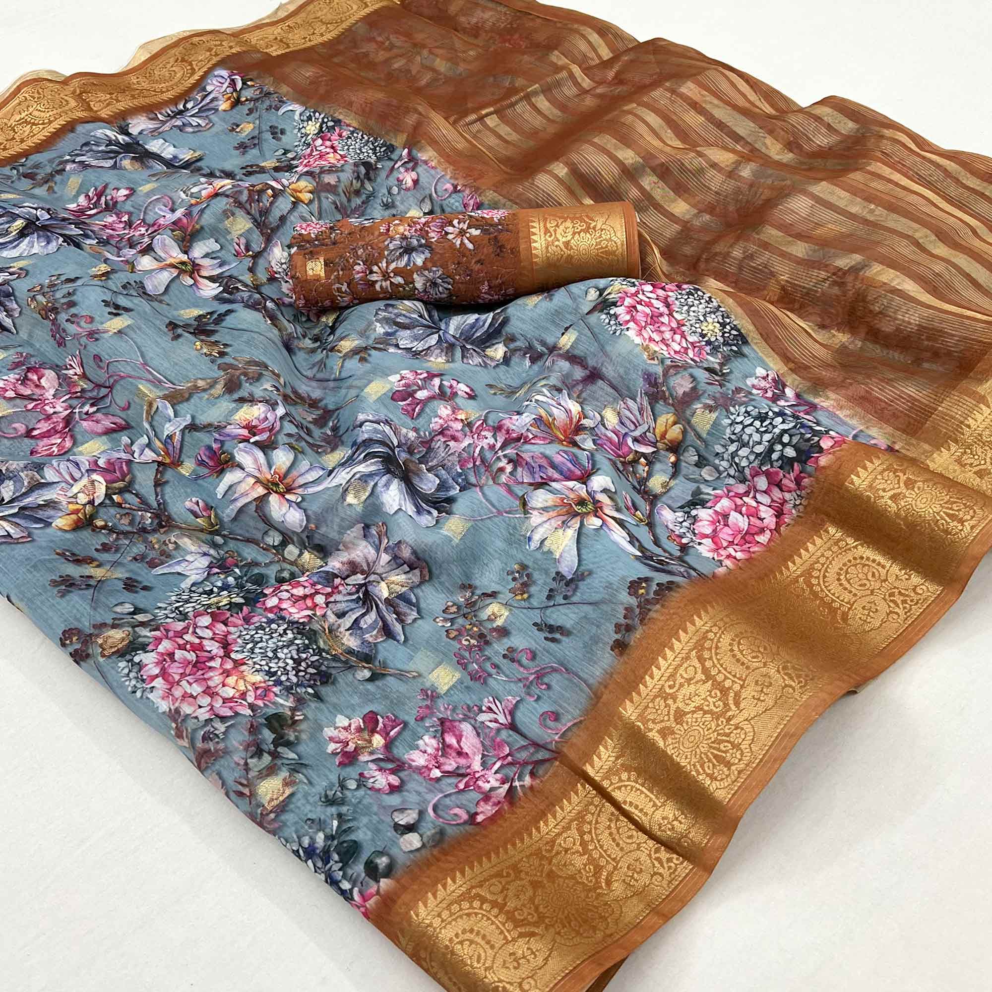 Bluish Grey Floral Digital Printed With Woven Border Cotton Silk Saree