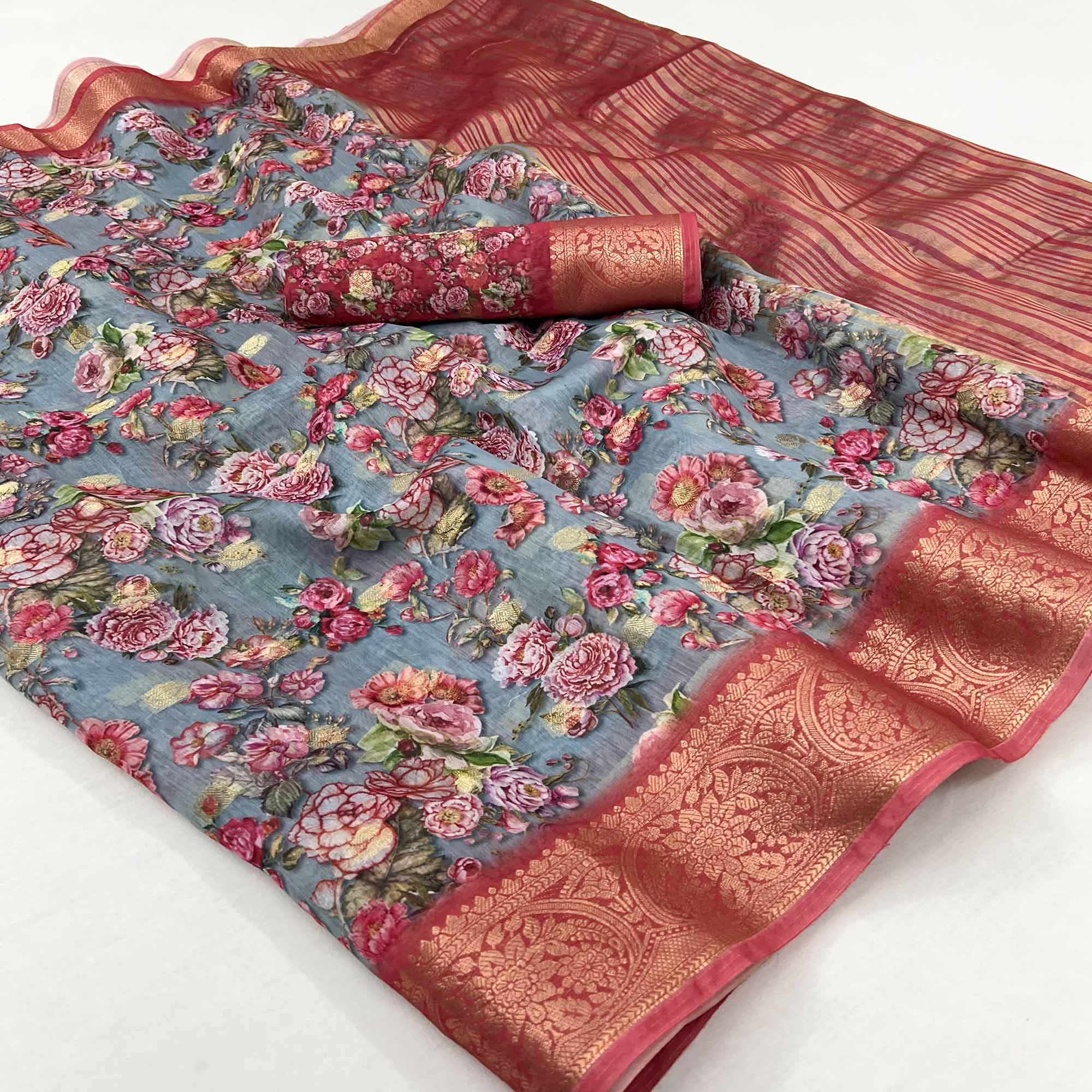 Slate Grey Floral Digital Printed With Woven Border Cotton Silk Saree