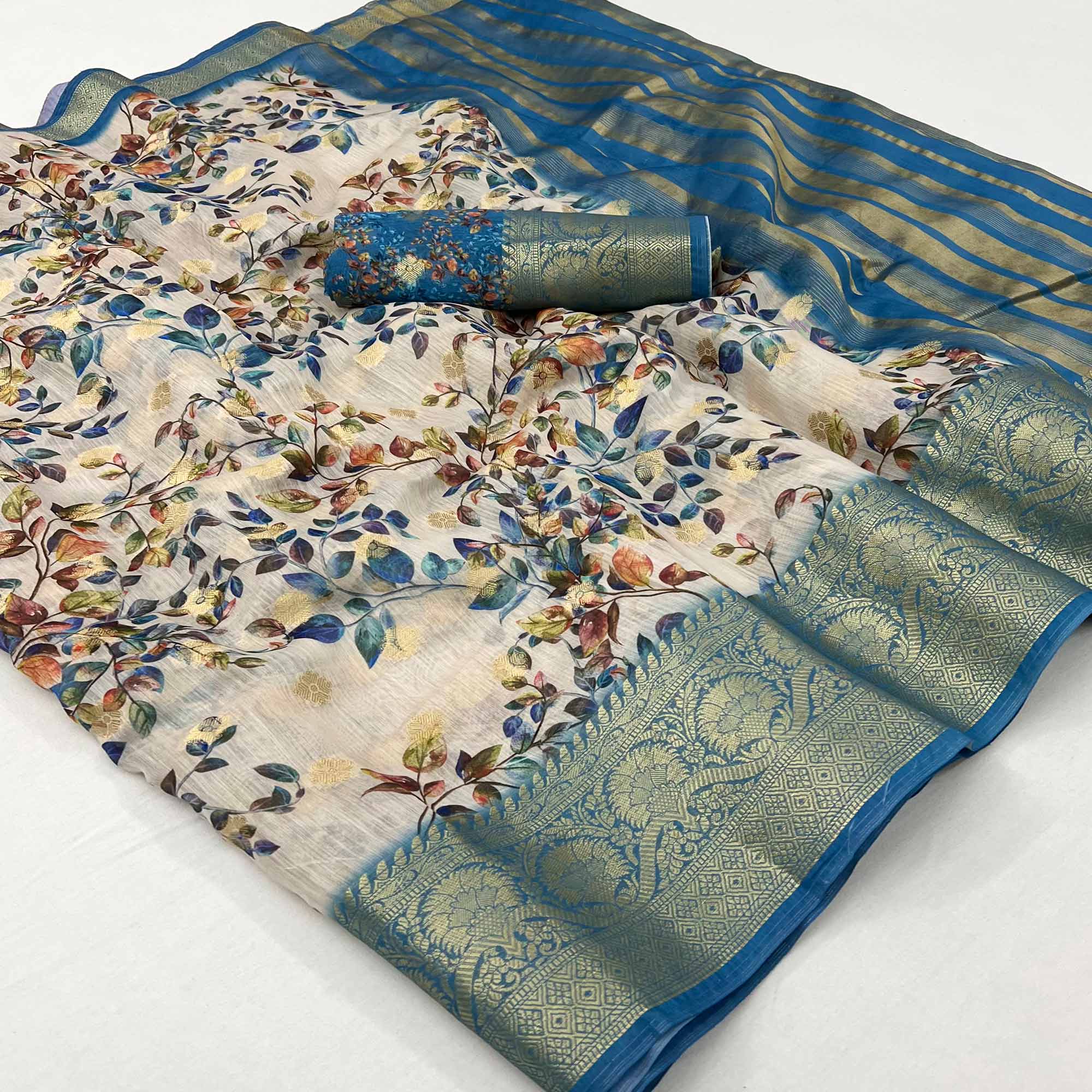 Off White Floral Digital Printed With Woven Border Cotton Silk Saree