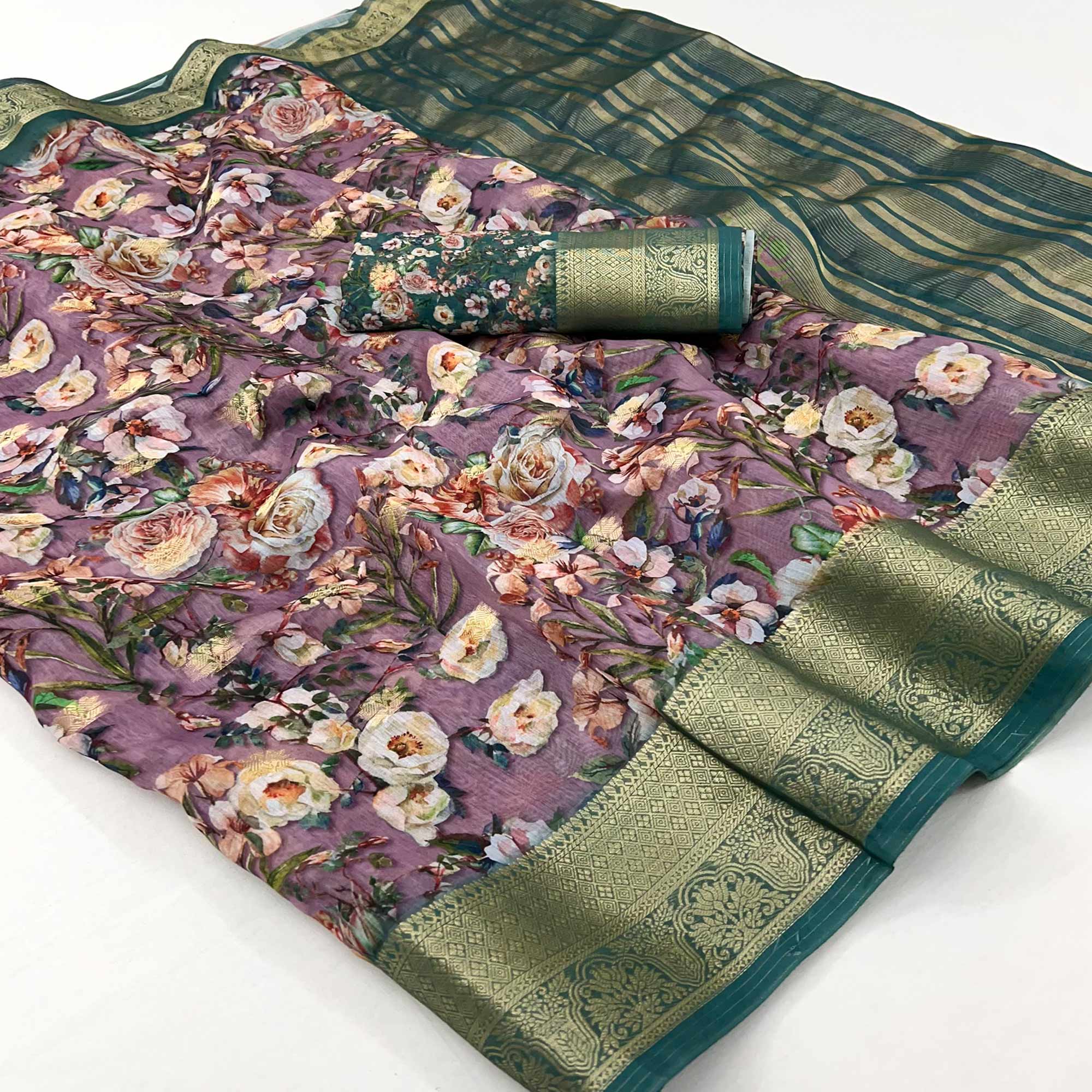 Purple Floral Digital Printed With Woven Border Cotton Silk Saree