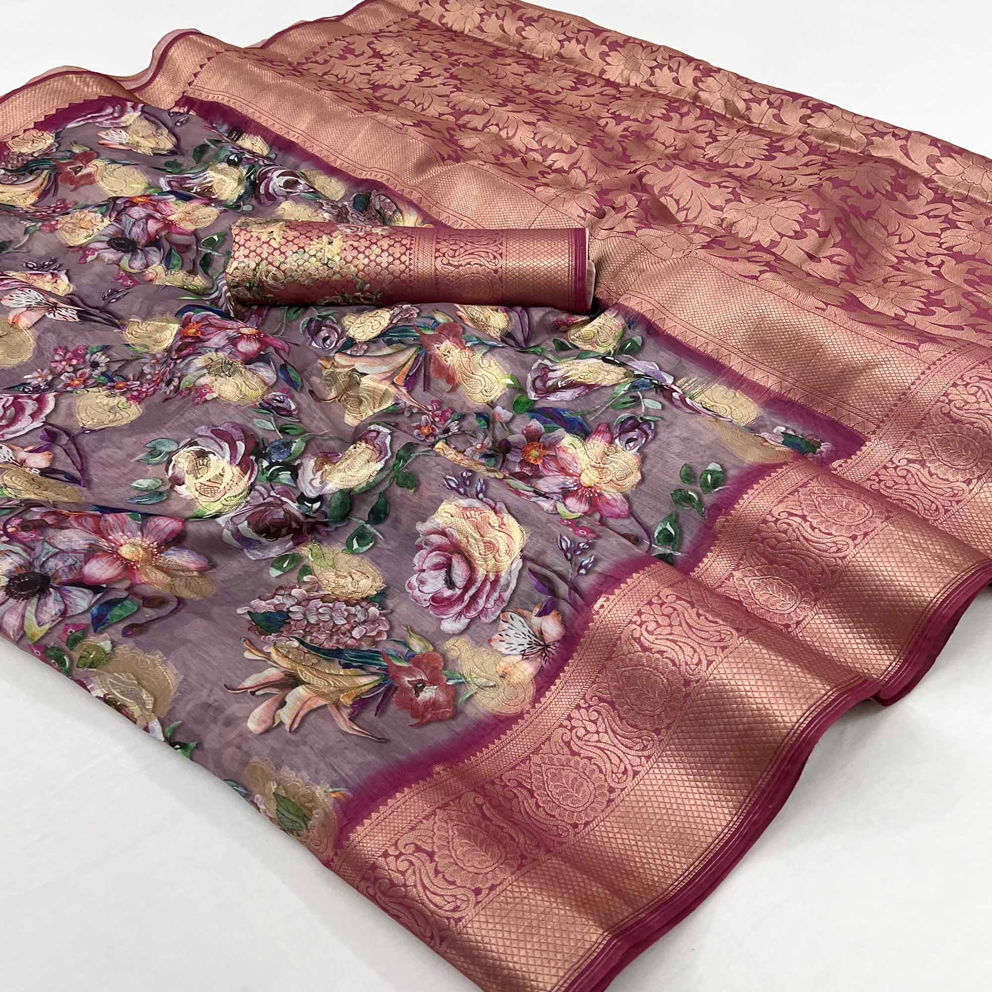 Mauve Floral Digital Printed With Woven Border Cotton Silk Saree
