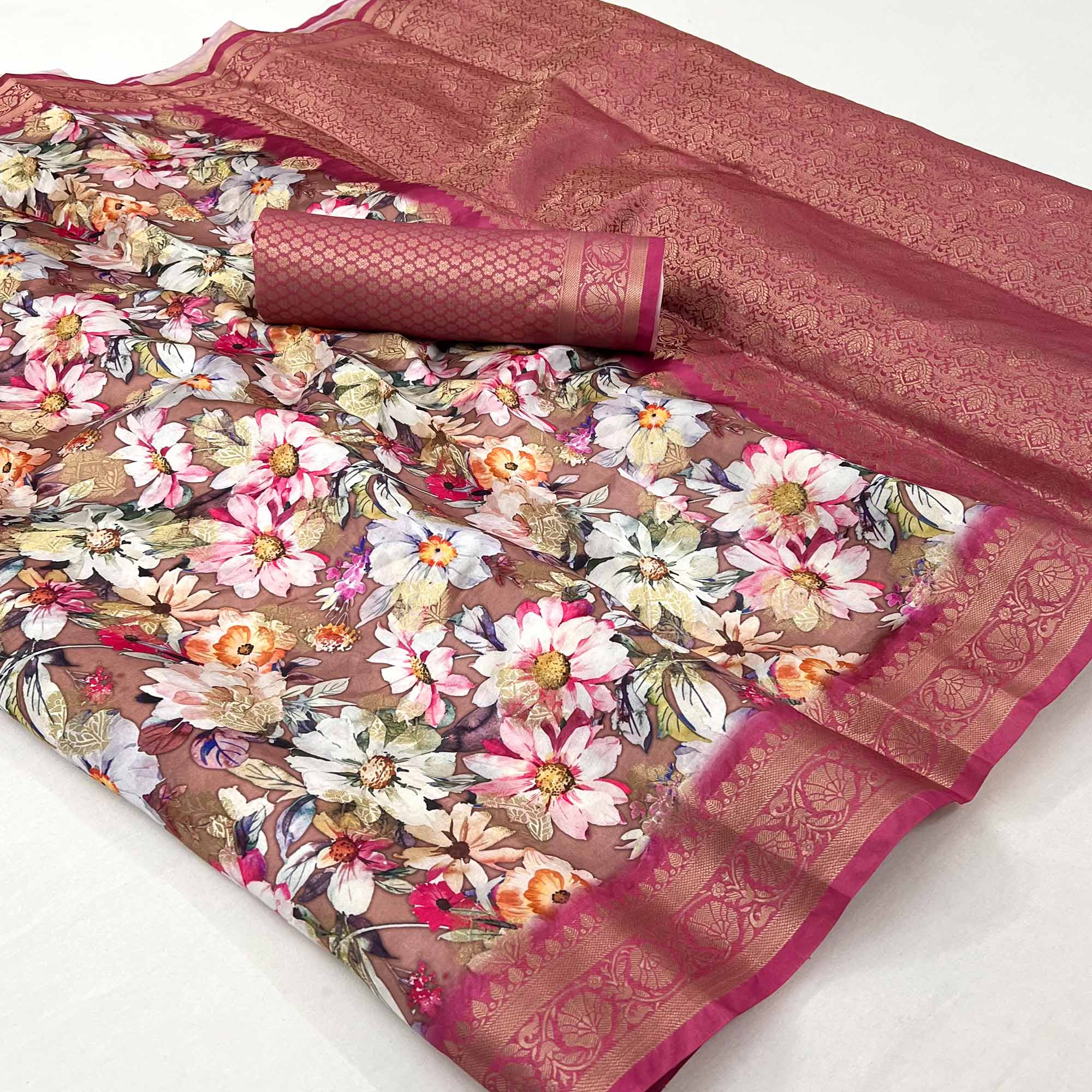 Brown Floral Digital Printed With Woven Border Cotton Silk Saree