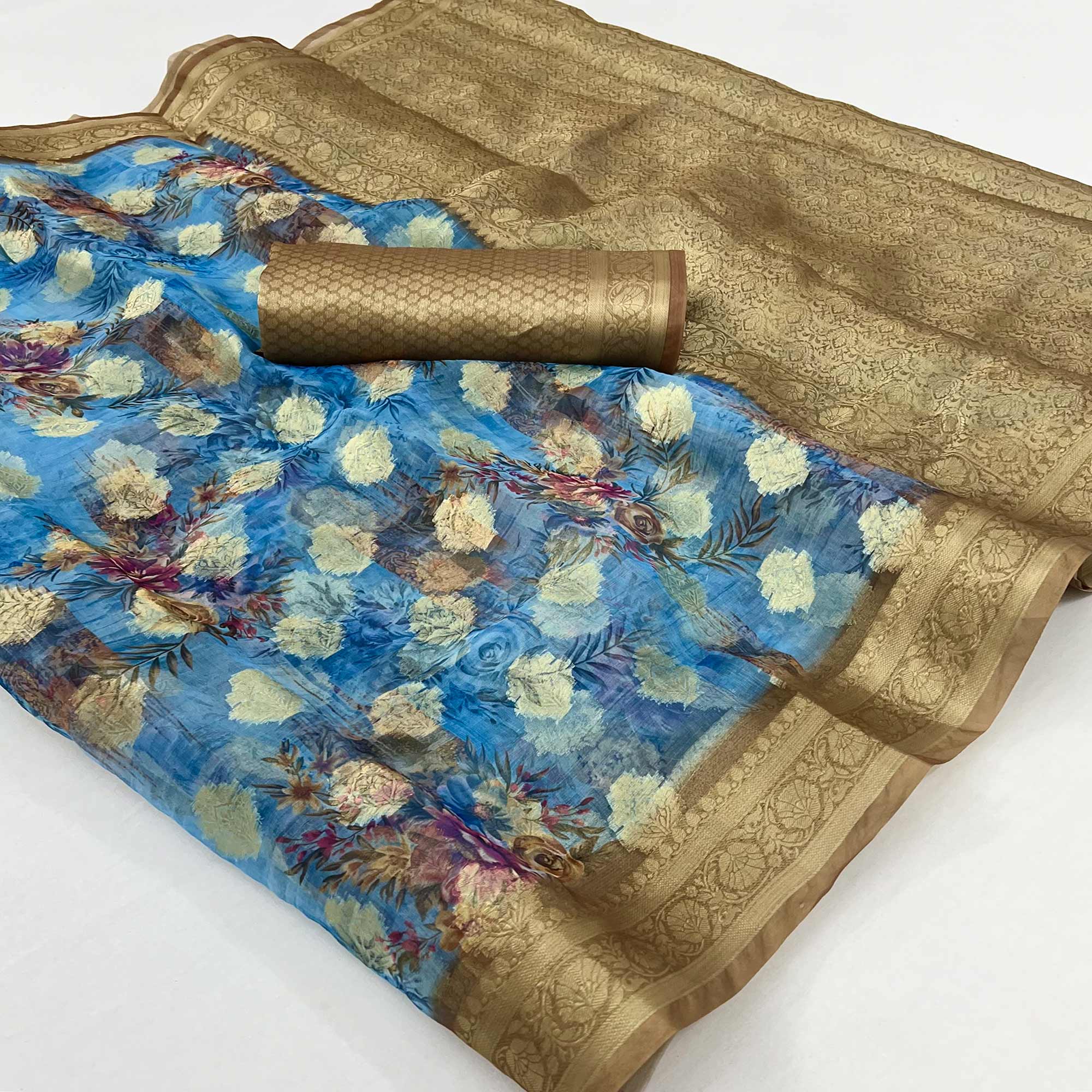 Blue Floral Digital Printed With Woven Border Cotton Silk Saree