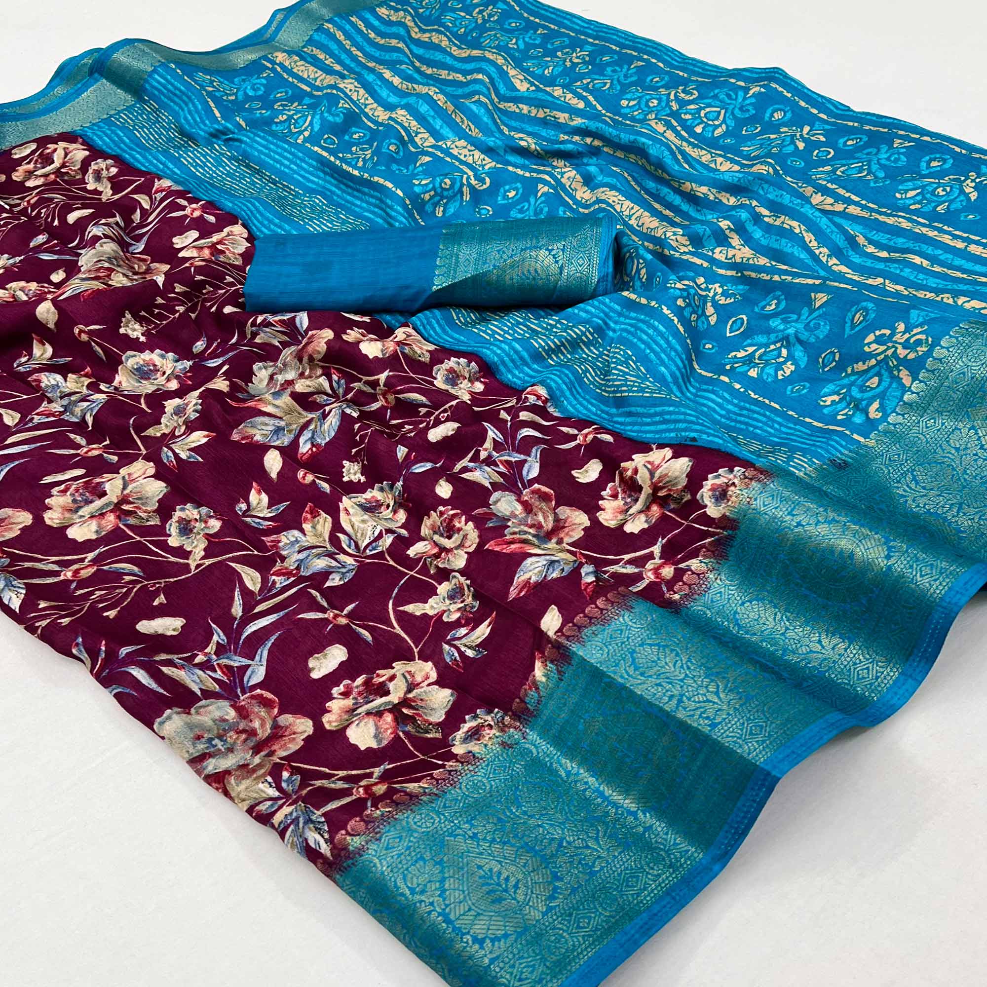 Wine Floral Printed With Woven Border Dola Silk Saree