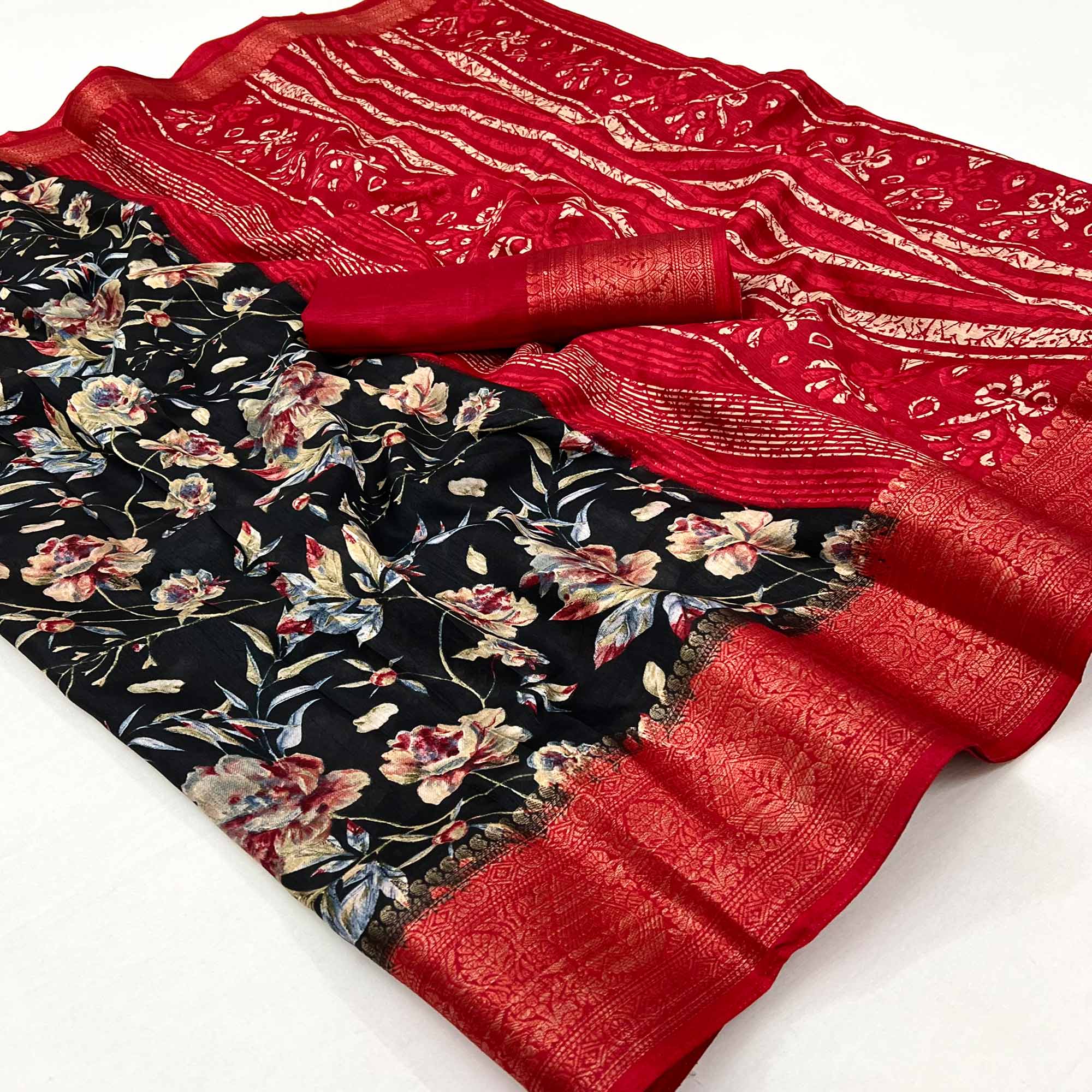 Black Floral Printed With Woven Border Dola Silk Saree