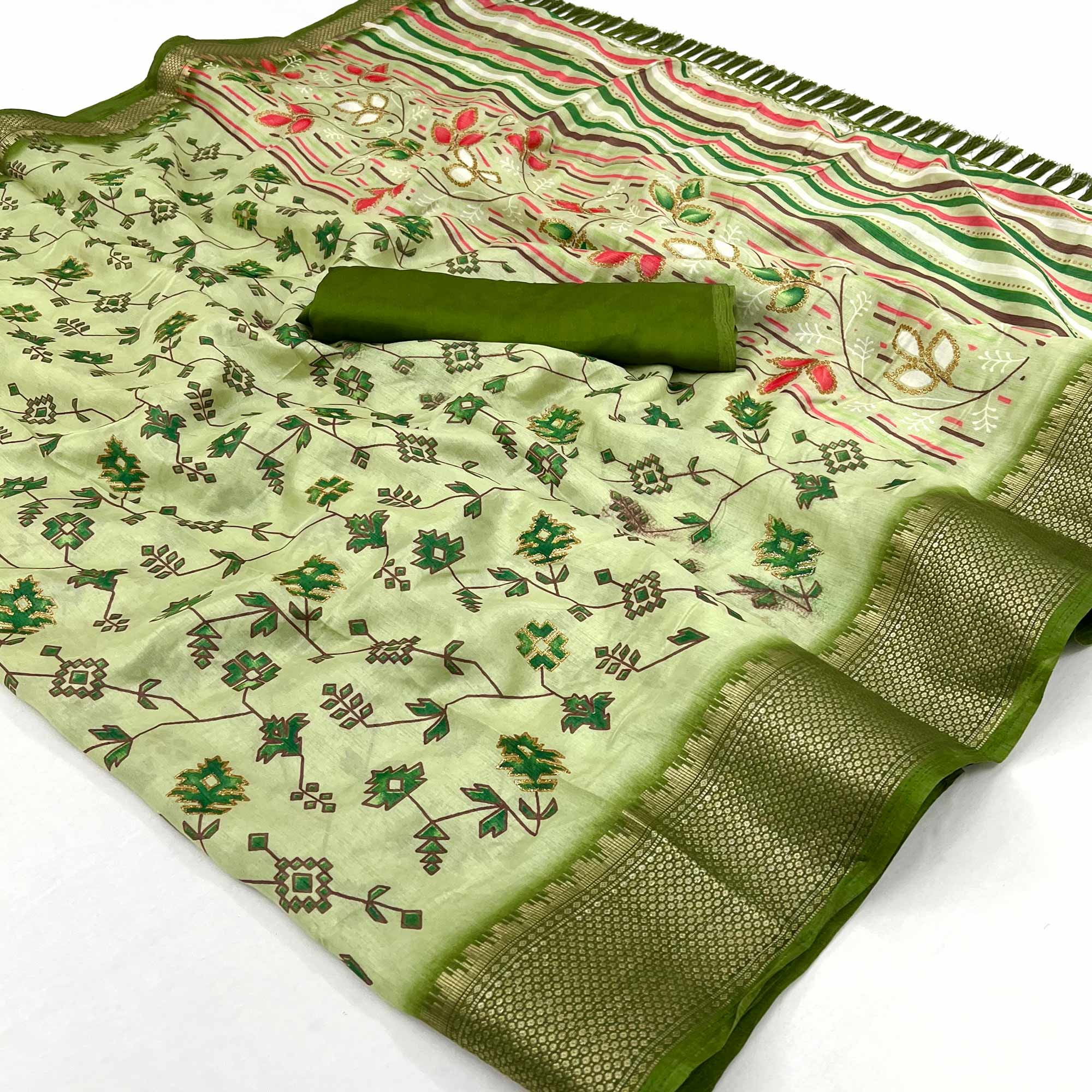 Green Floral Printed With Woven Border Dola Silk Saree