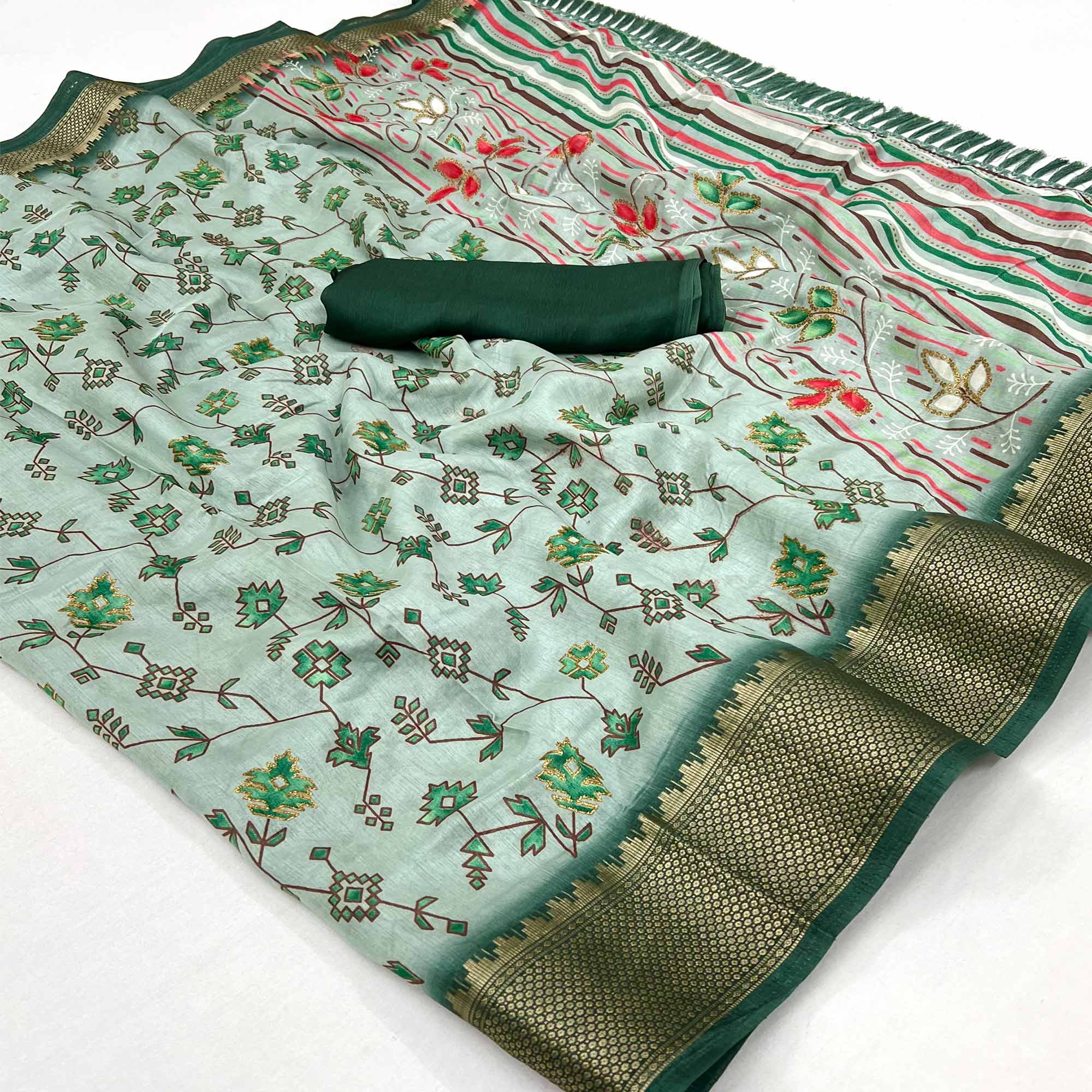 Dusty Green Floral Printed With Woven Border Dola Silk Saree